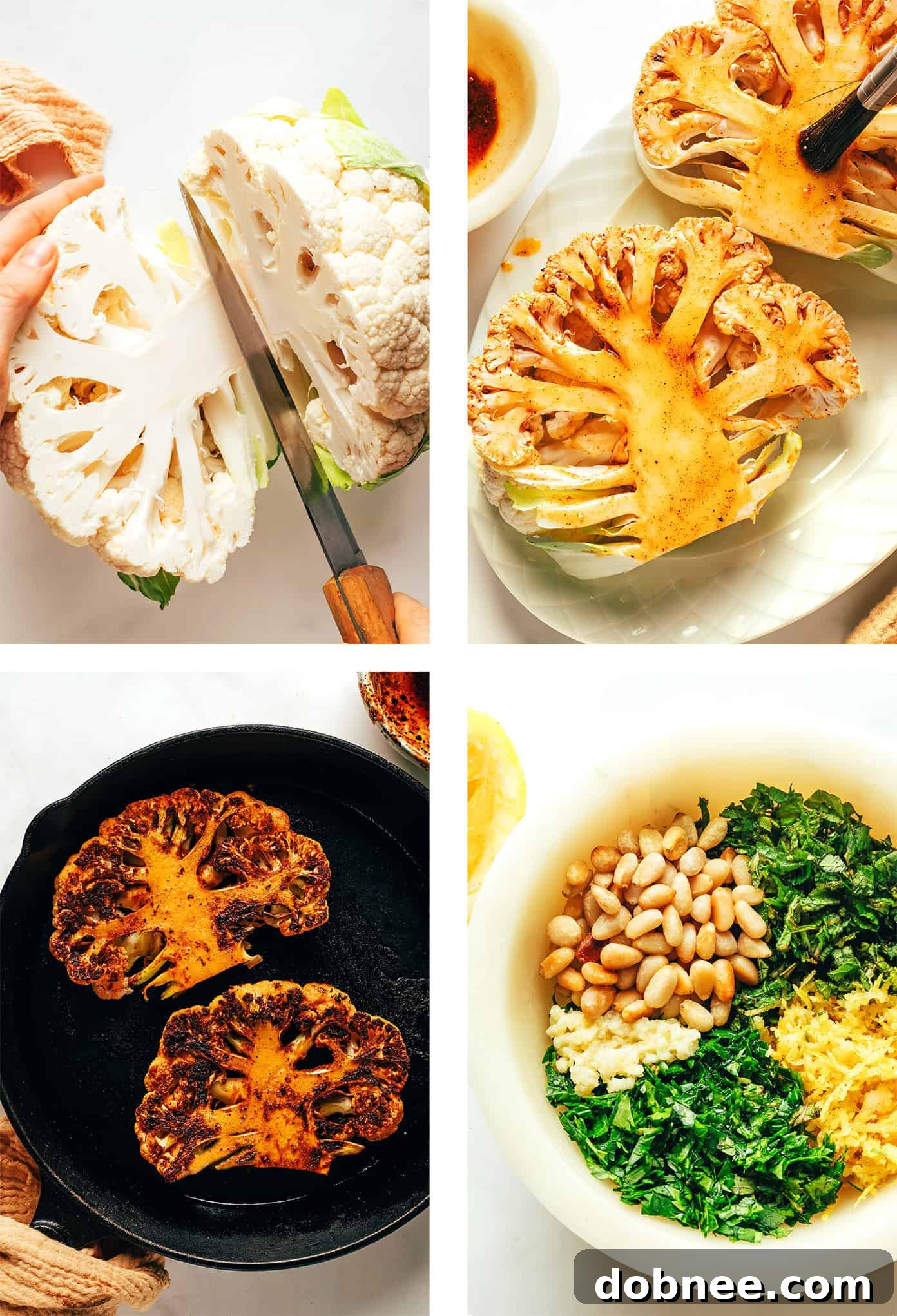 Step-by-step images showing how to prepare cauliflower steaks and gremolata ingredients