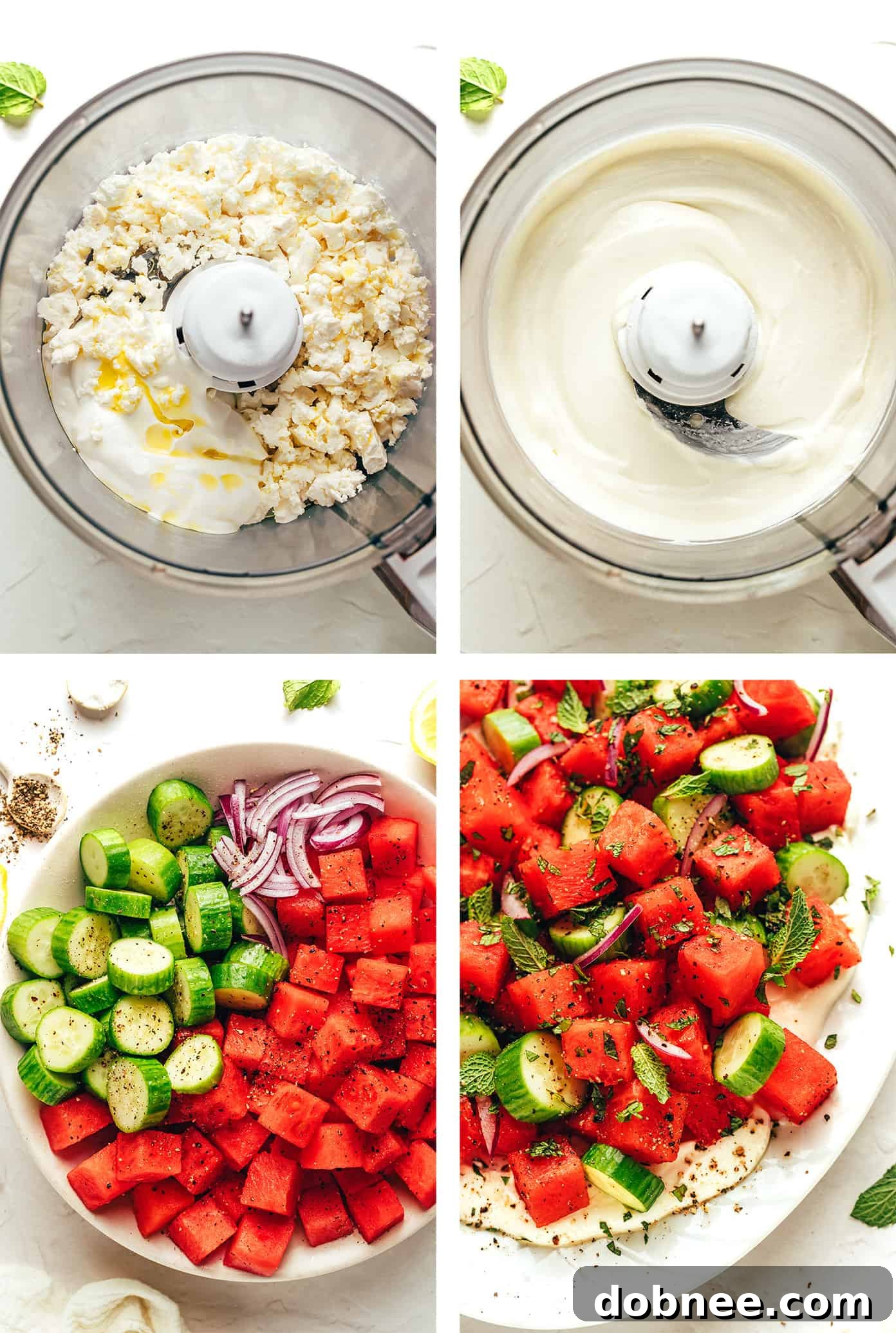 Collection of fresh ingredients for Watermelon Feta Salad on a rustic wooden board