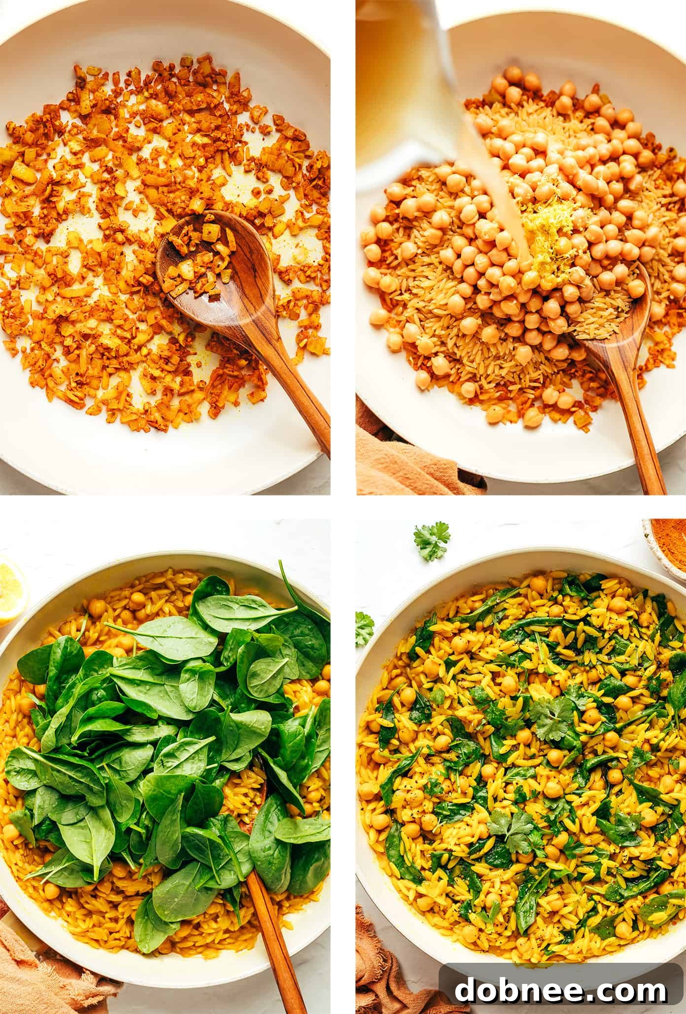 Lemony Spiced Orzo and Chickpeas in a bowl with a spoon