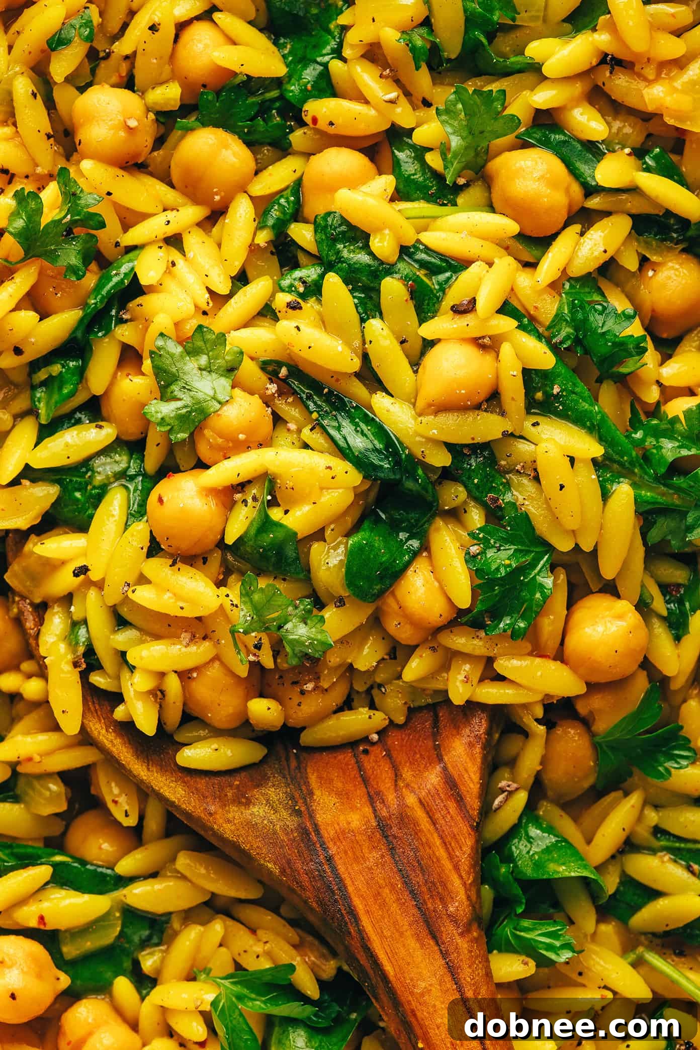 Lemony Spiced Orzo and Chickpeas being served into bowls