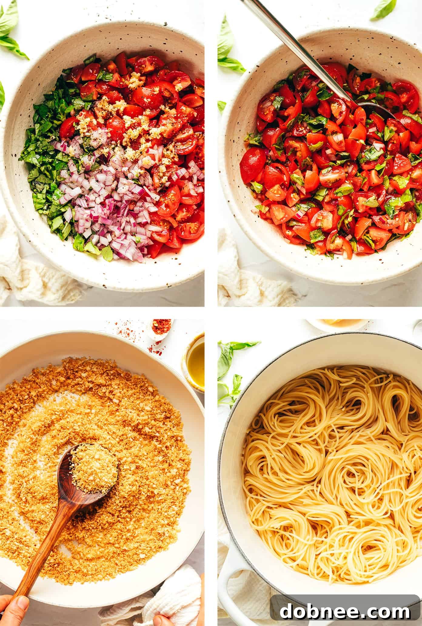 An overhead shot of a bowl of Bruschetta Pasta with a spoon, highlighting the texture and readiness to eat.