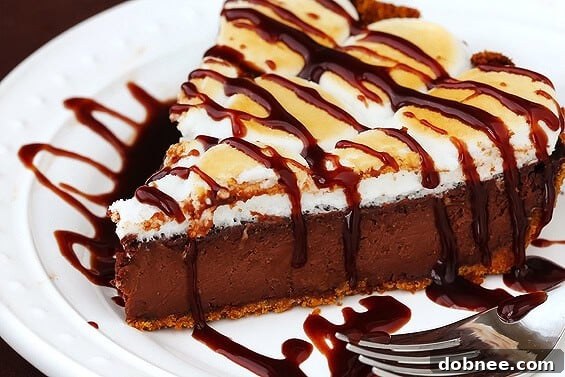 A slice of S'mores Pie on a plate, showing the layers of graham cracker crust, chocolate filling, and toasted marshmallows.