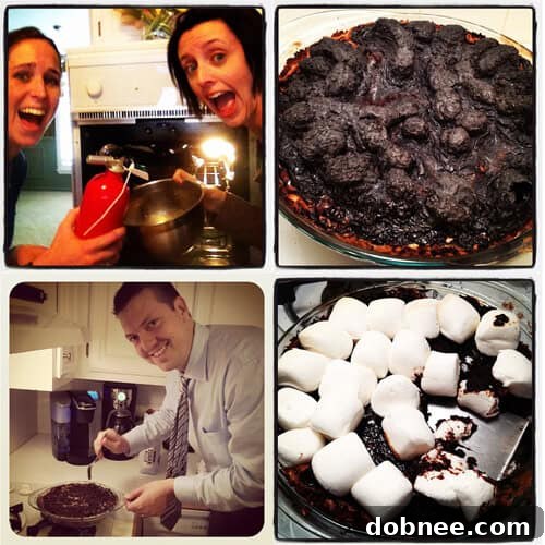 A charred and burnt S'mores Pie, showing the aftermath of a kitchen fire incident.