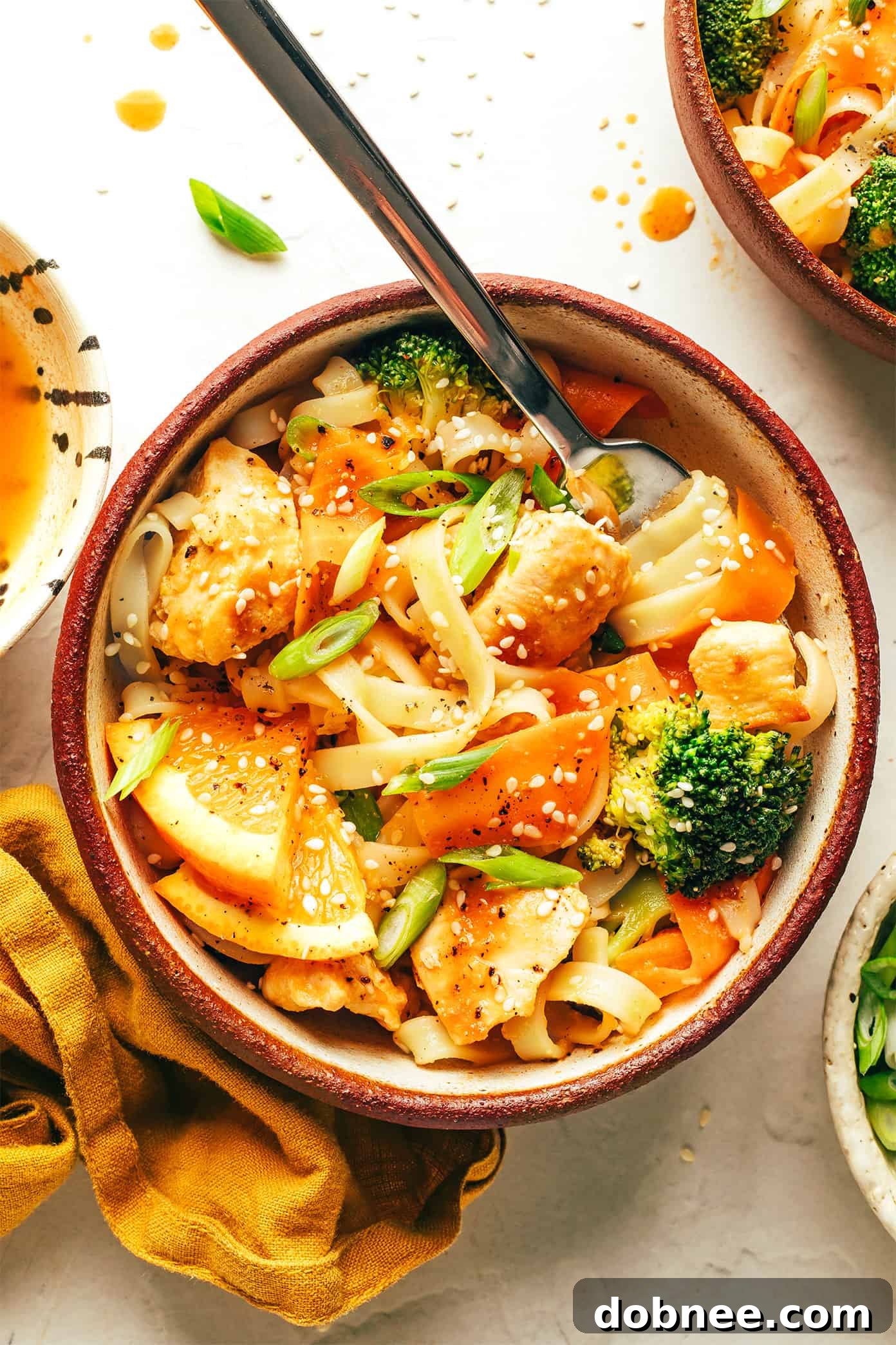 A vibrant bowl of Orange Miso Noodle Stir-Fry with chicken, broccoli, and carrot ribbons.