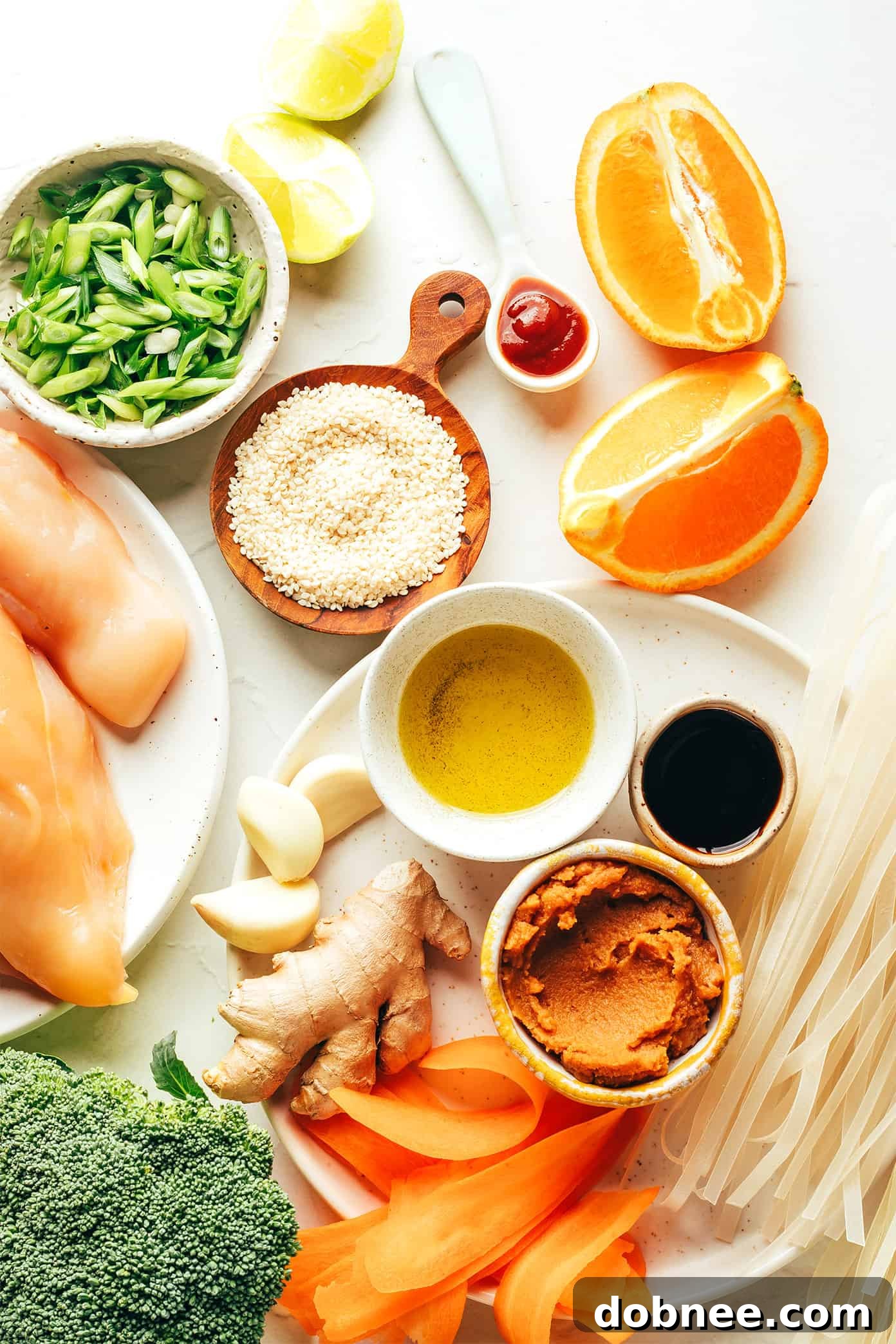 Close-up of the delicious Orange Miso Noodle Stir-Fry with noodles, chicken, and green onions.