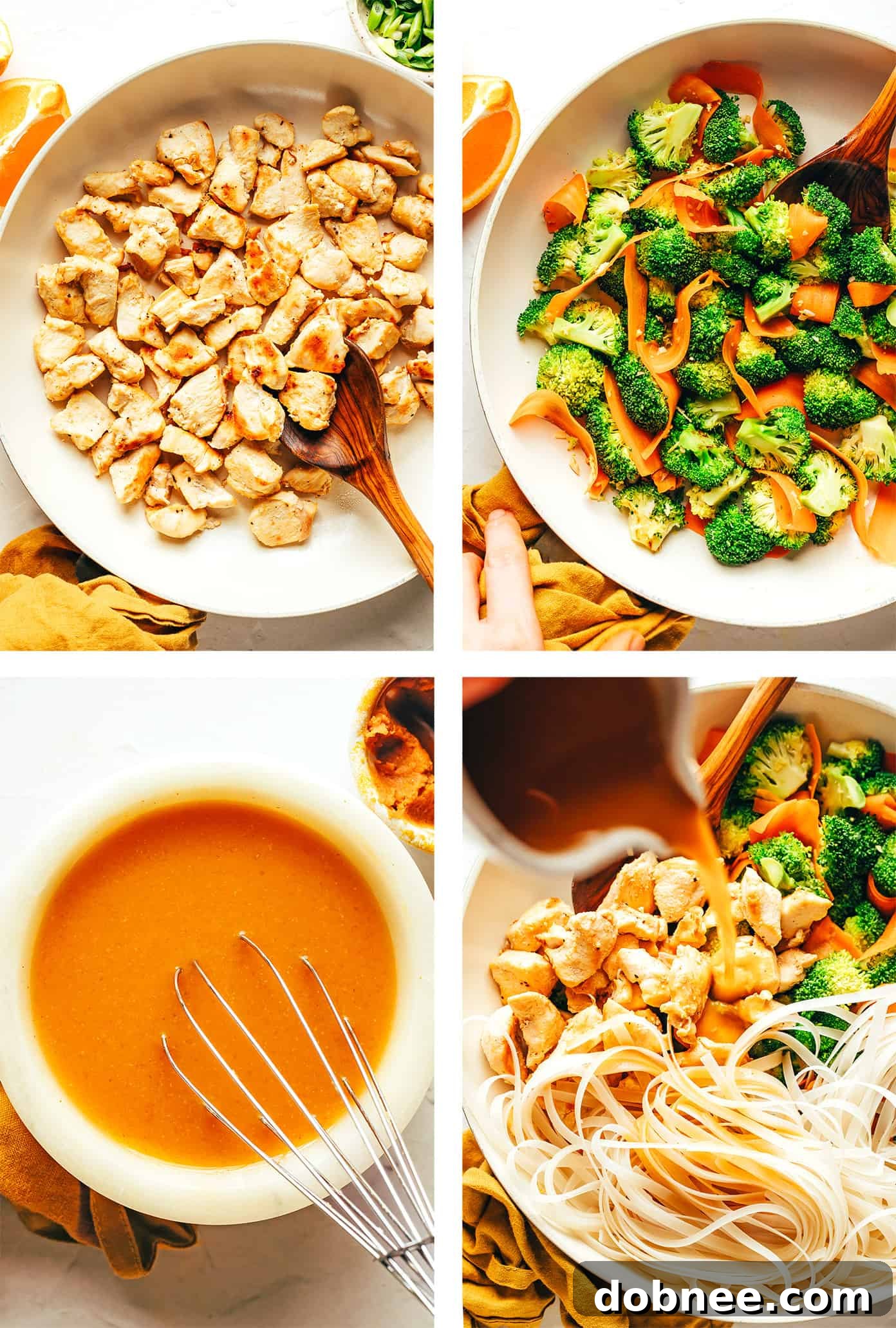 Ingredients for Orange Miso Noodle Stir-Fry laid out on a table, including noodles, chicken, vegetables, and sauce components.