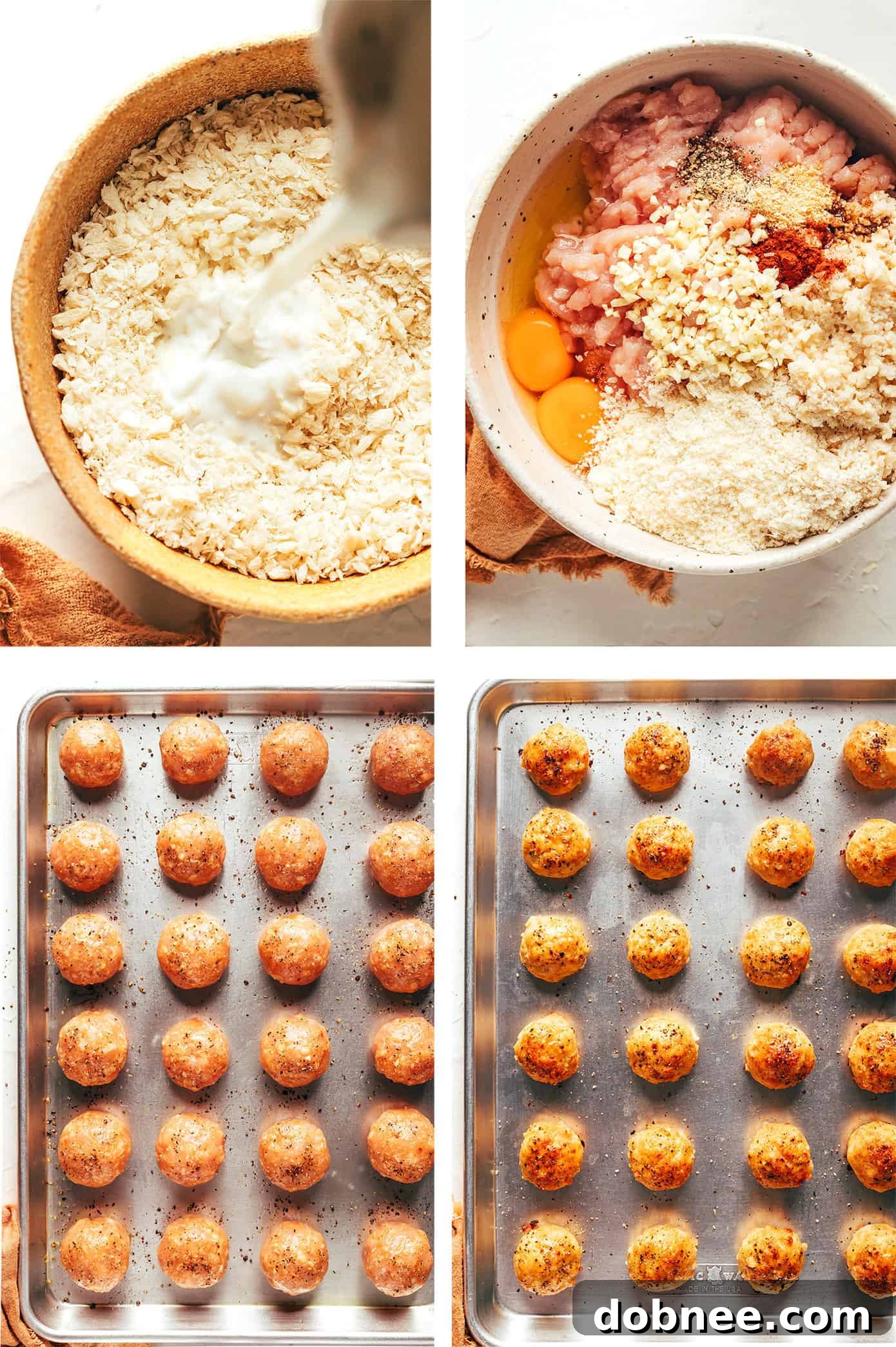 Step-by-step process showing how to make chicken meatballs