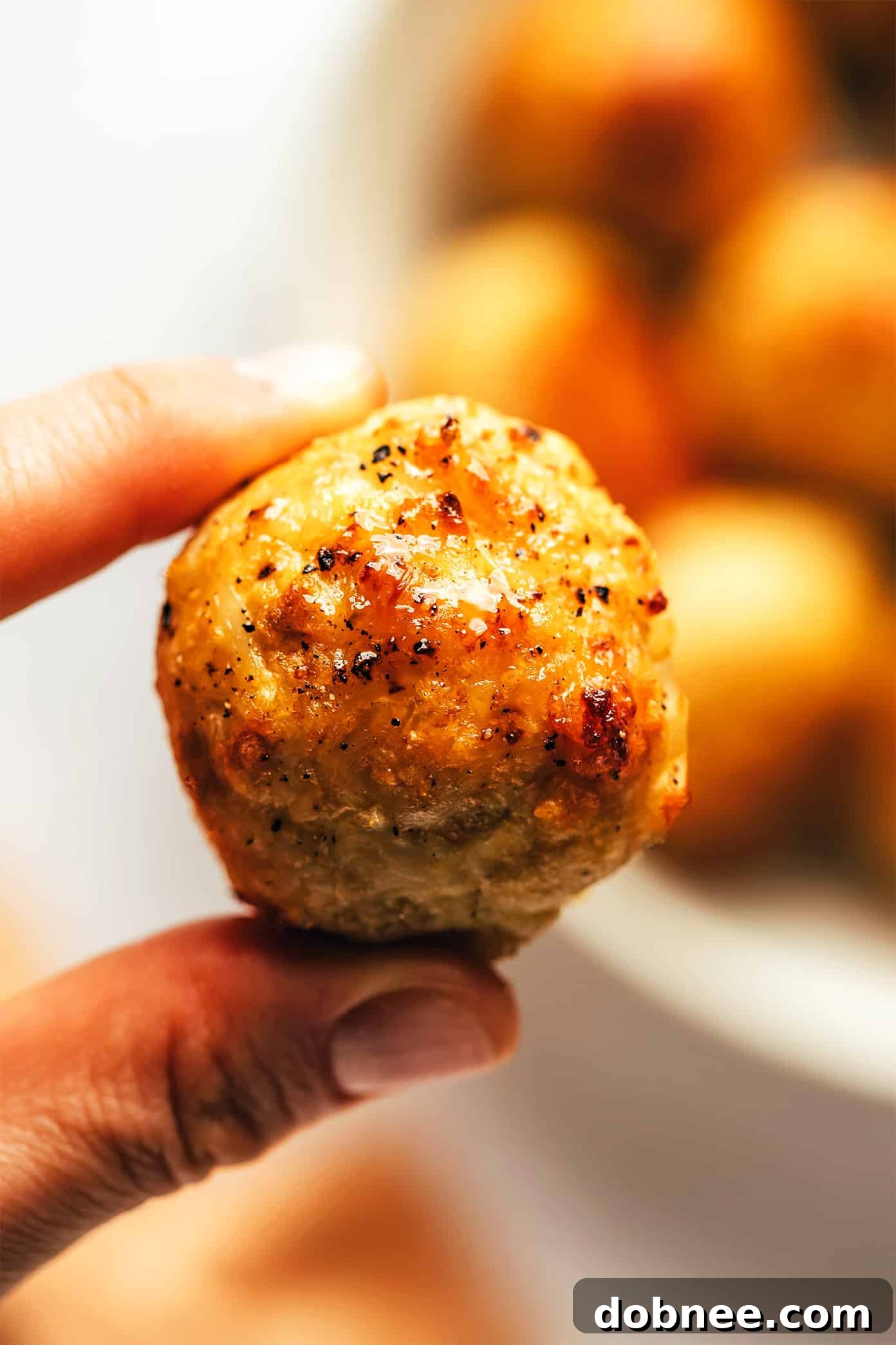 Single baked chicken meatball on a white background