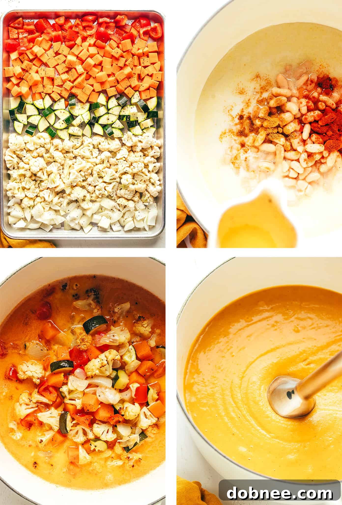 Velvety Vegetable Medley 4 A close-up of creamy roasted vegetable soup being swirled in a pot with an immersion blender, achieving a smooth consistency.