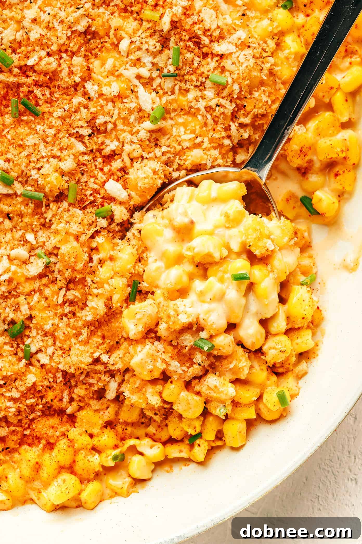 Parmesan Creamed Corn Closeup with Garlic Breadcrumbs