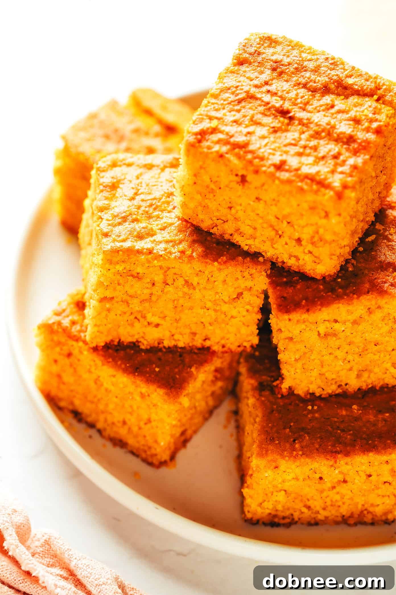 A beautifully sliced loaf of moist pumpkin cornbread, featuring a golden-brown crust and a vibrant, pumpkin-infused interior. Served on a rustic wooden board, ready to be enjoyed.