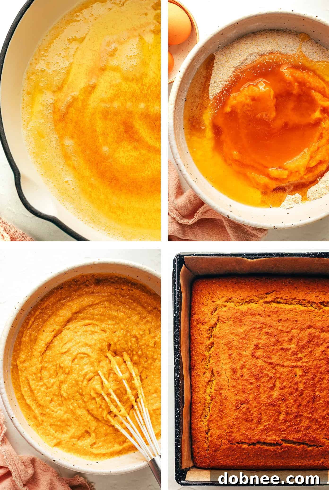 A close-up of a wooden spoon scooping out a portion of the fully mixed pumpkin cornbread batter from a large bowl, ready for baking in a prepared pan.