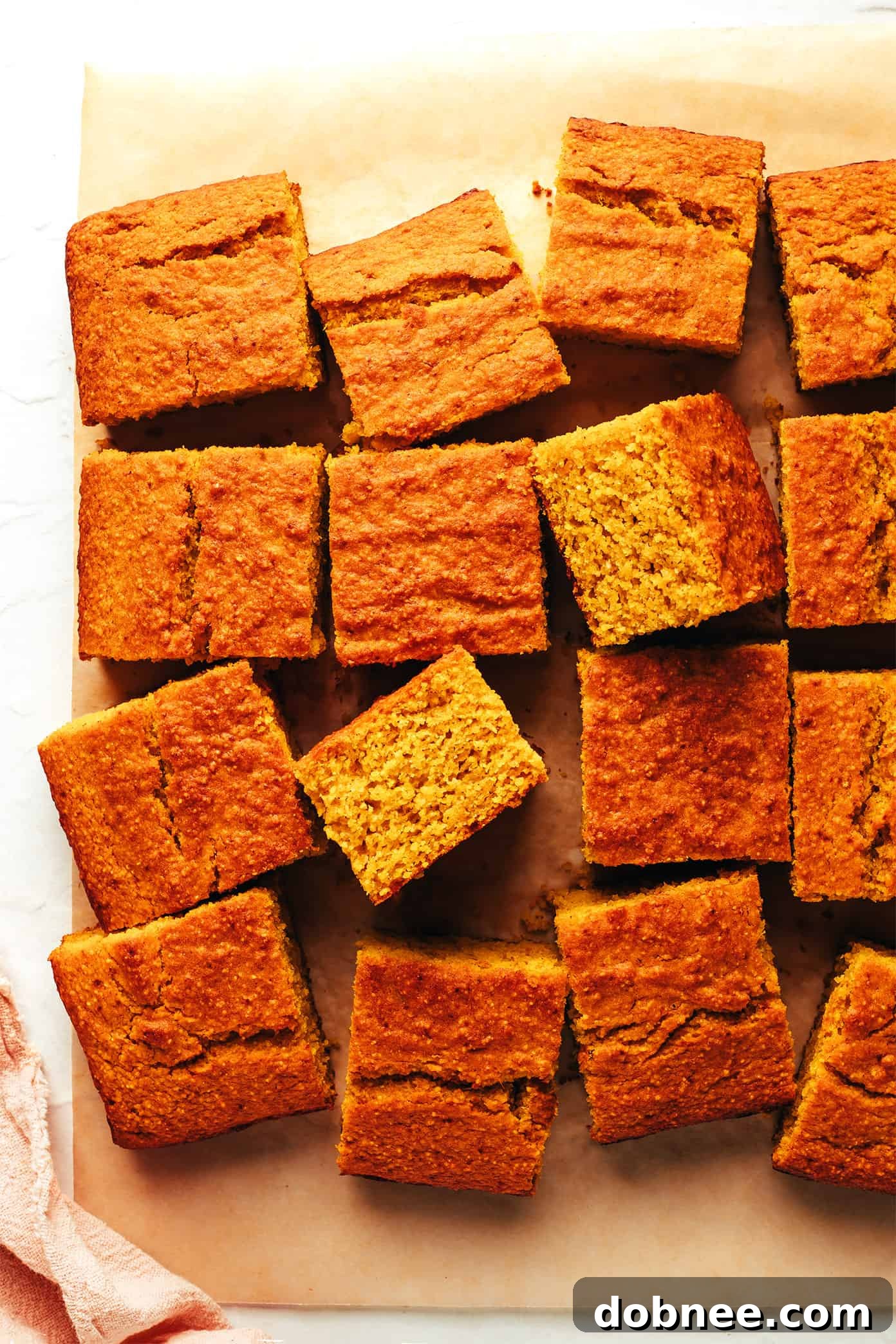 A golden-brown slice of pumpkin cornbread with a melted pat of honey butter on top, showcasing the perfect texture and delicious pairing on a white plate.