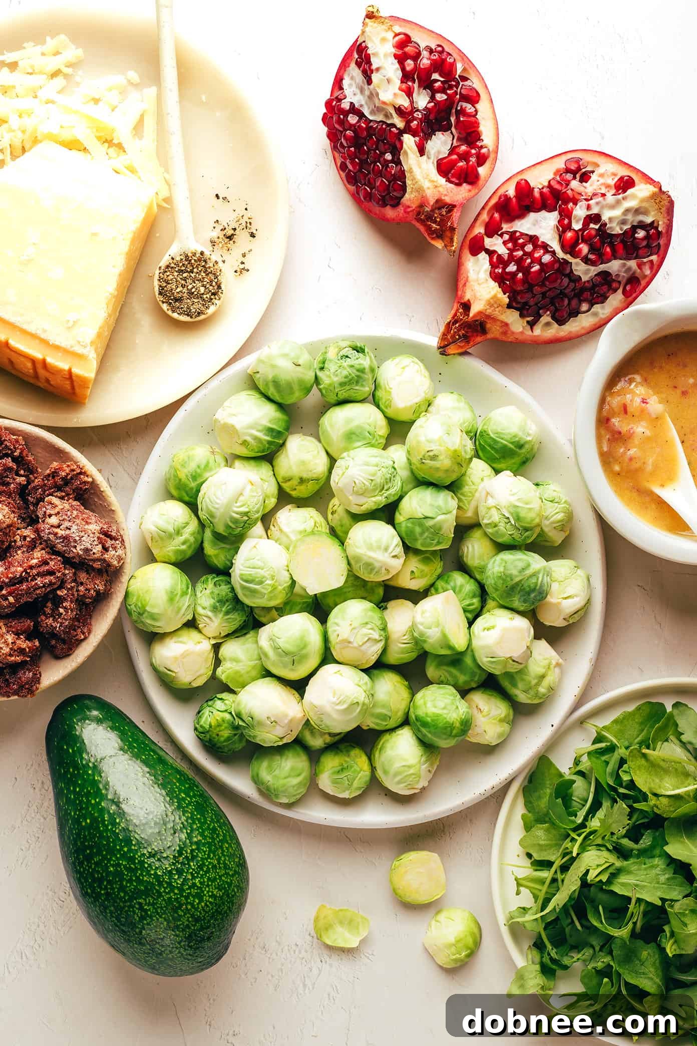 Brussels Sprouts Arugula Salad with Pomegranate and Parmesan, close up shot