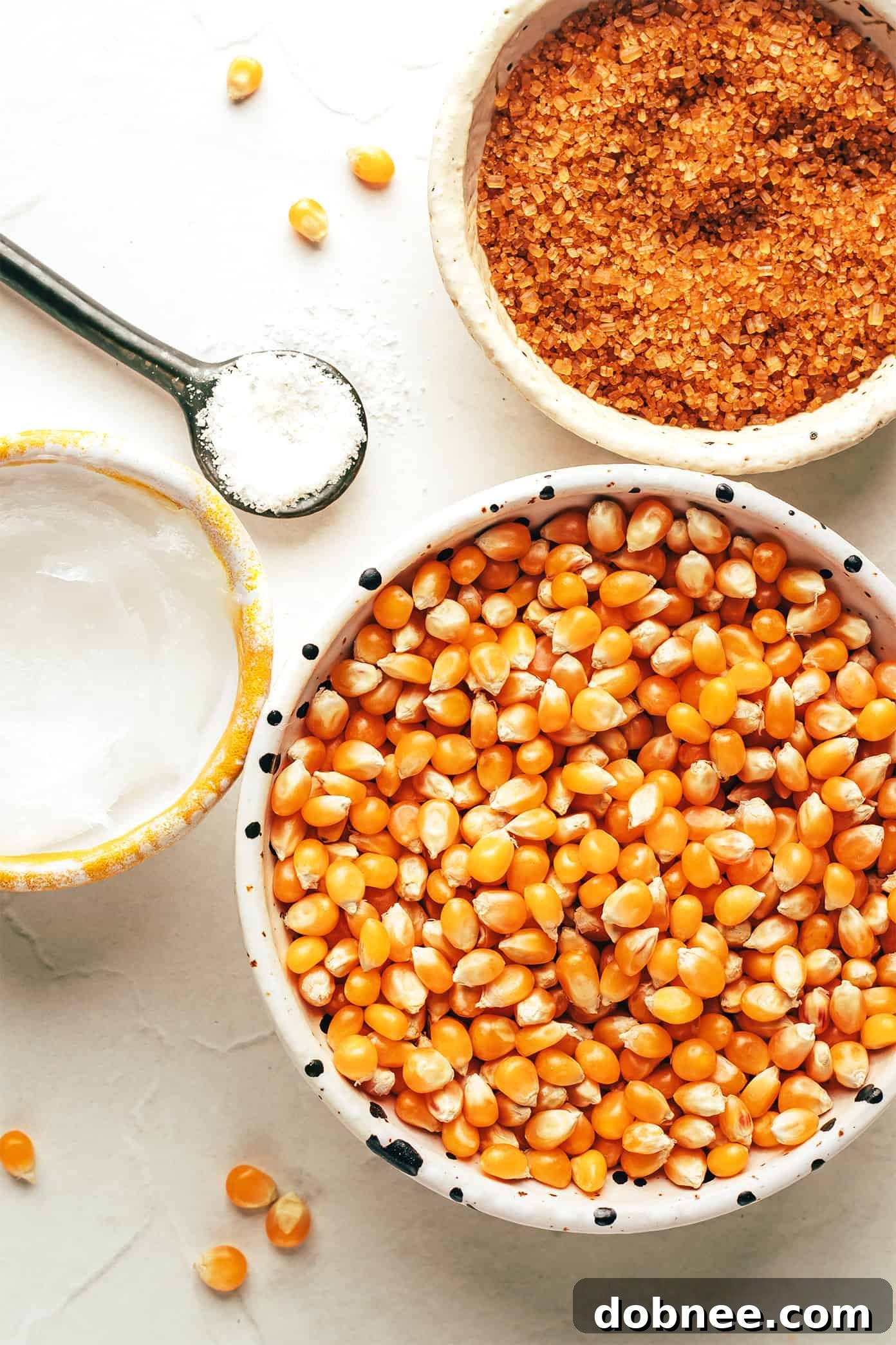 Popcorn kernels, turbinado sugar, refined coconut oil, and sea salt on a wooden board.