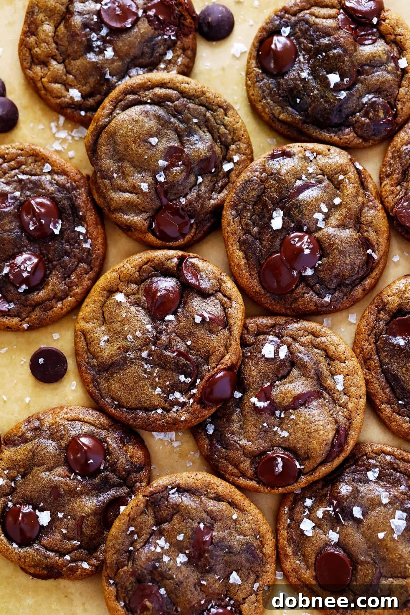 A close-up of a warm espresso chocolate chip cookie being broken in half, revealing its soft interior and melted chocolate.