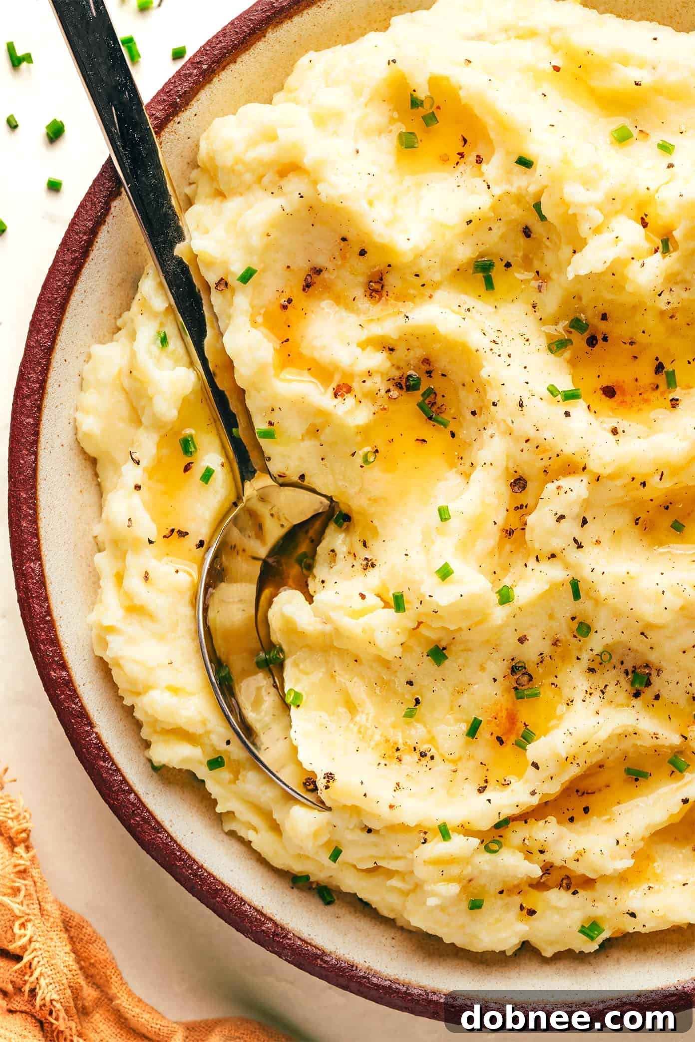 A final close-up of brown butter mashed potatoes in a serving dish, inviting you to enjoy this flavorful side dish.