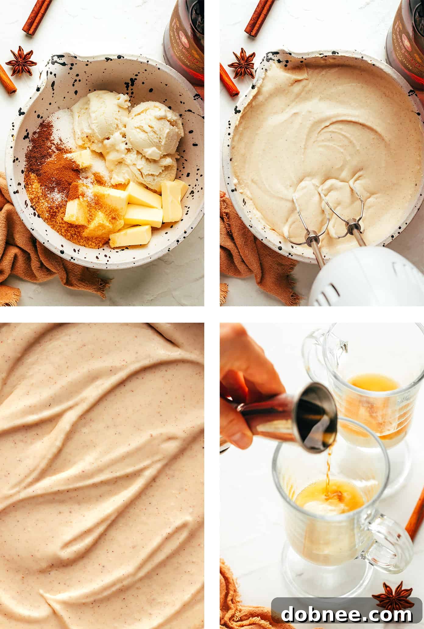 A close-up of a mug filled with hot buttered rum, steam rising, with a star anise and cinnamon stick for garnish.