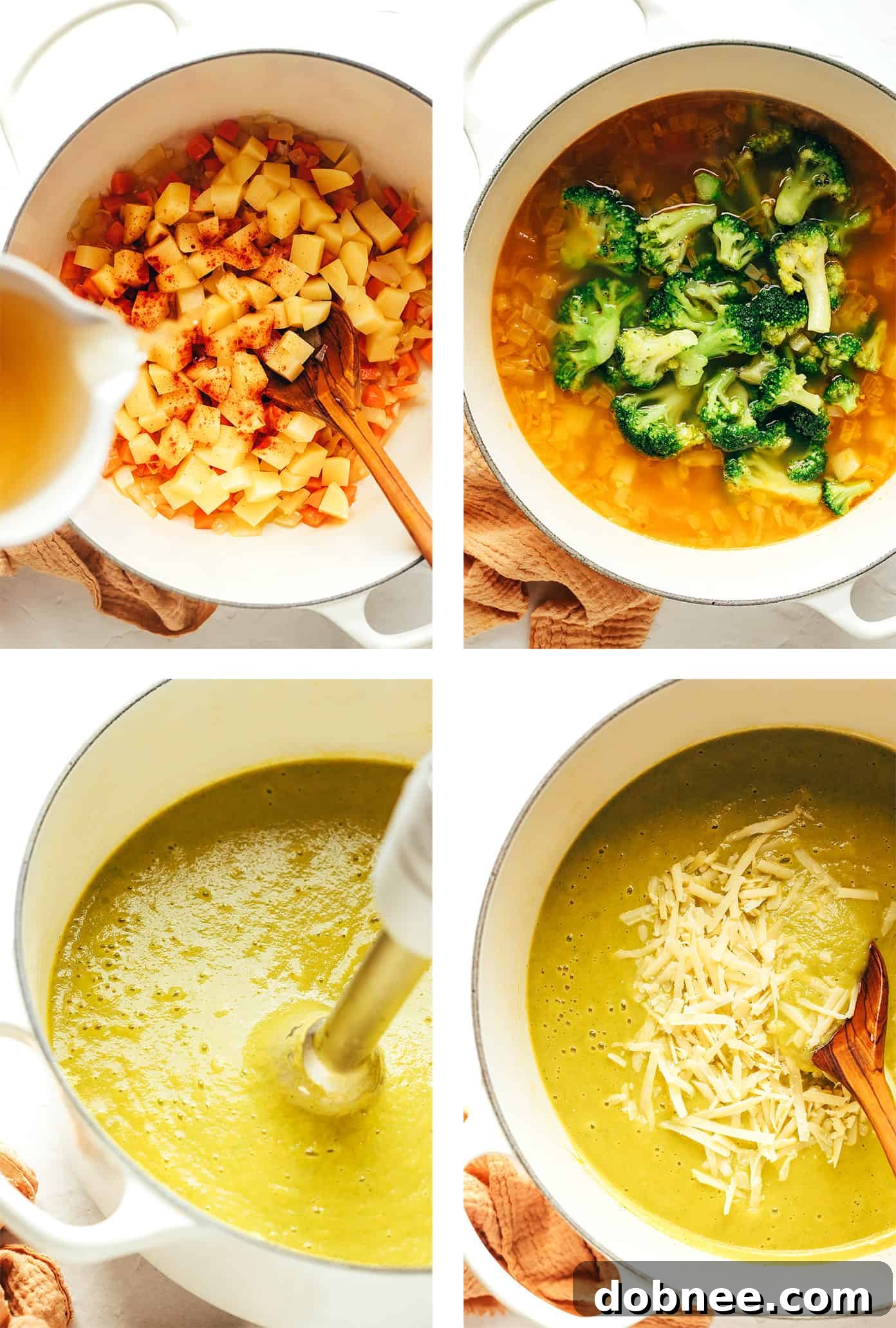 A second close-up image of the broccoli cheese soup, showcasing its rich texture and a topping of fresh parsley, served in a rustic bowl.