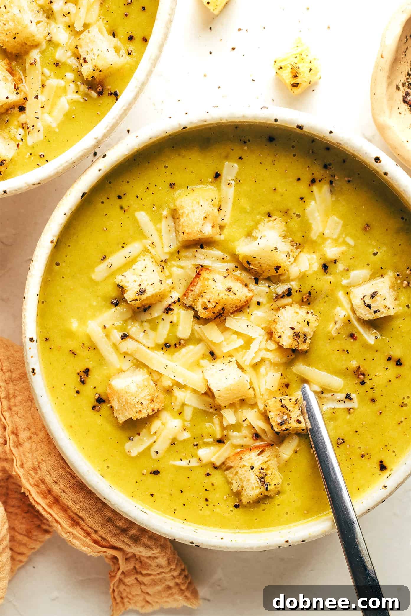 A close-up of the lightened-up broccoli cheese soup, garnished with parsley and served with a side of crispy homemade croutons.