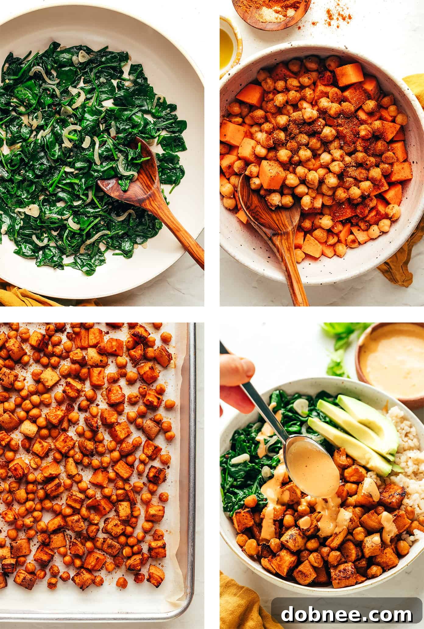 A vibrant bowl featuring roasted sweet potatoes, chickpeas, spinach, rice, and avocado, ready for dressing.