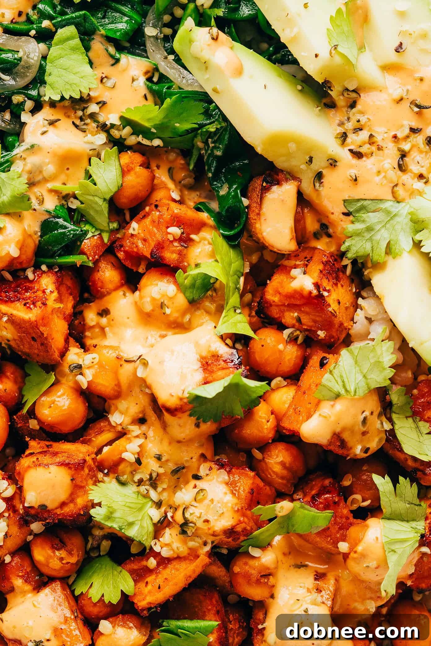 An overhead view of the assembled sweet potato and chickpea bowls, showcasing all the ingredients.