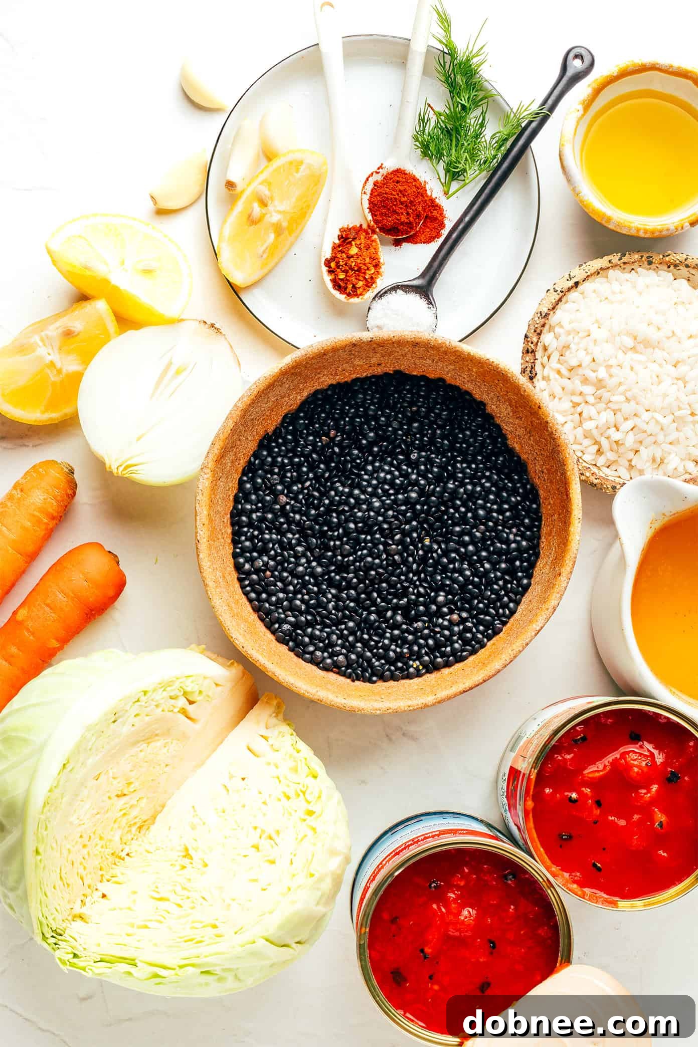 Close-up of the rich, savory broth of the Vegetarian Cabbage Roll Soup.