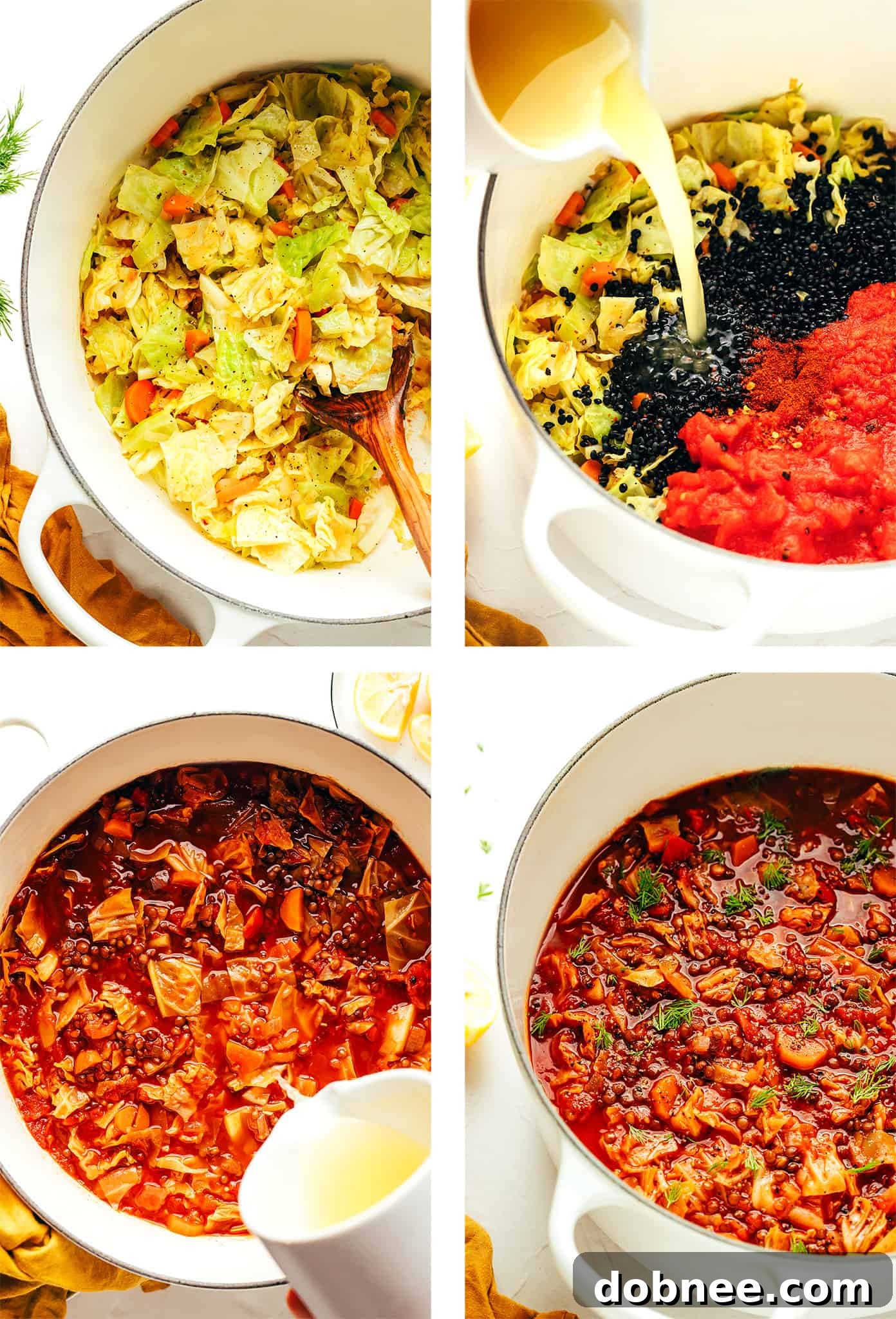 Ingredients for Vegetarian Cabbage Roll Soup laid out, including fresh cabbage, carrots, onions, and lentils.