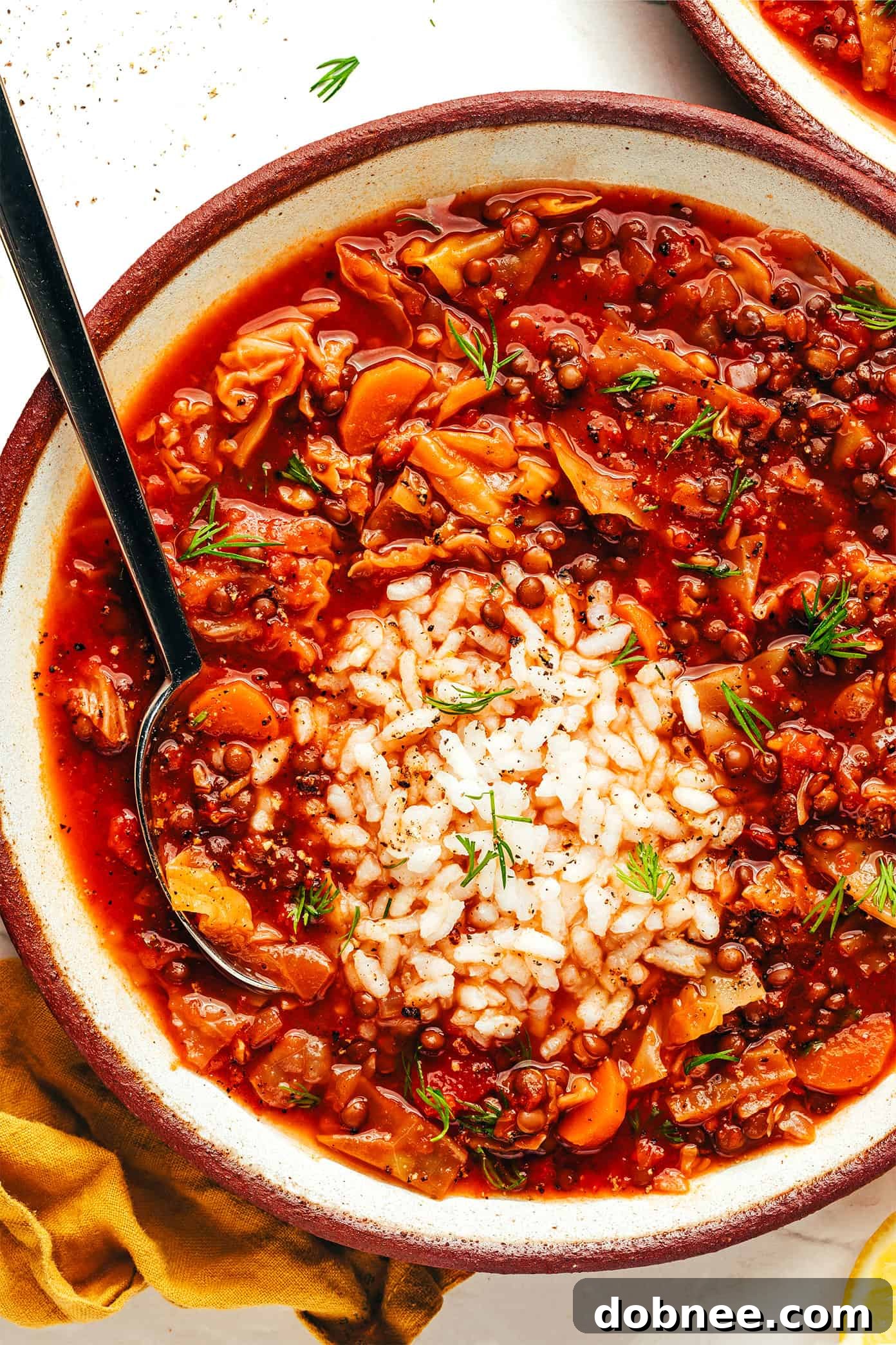 A bowl of Vegetarian Cabbage Roll Soup with a spoon, ready to be enjoyed.