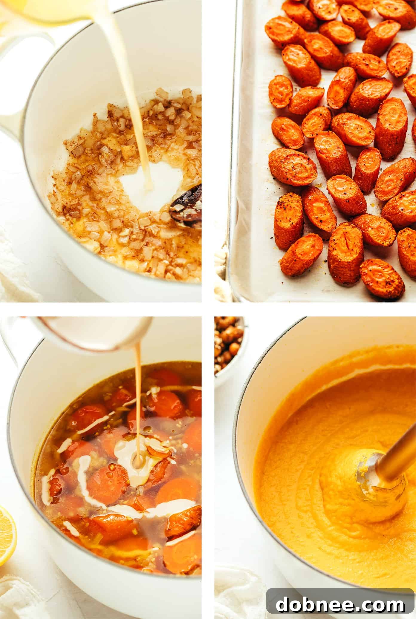 A bowl of creamy roasted carrot soup, garnished with fresh cilantro and a light drizzle.