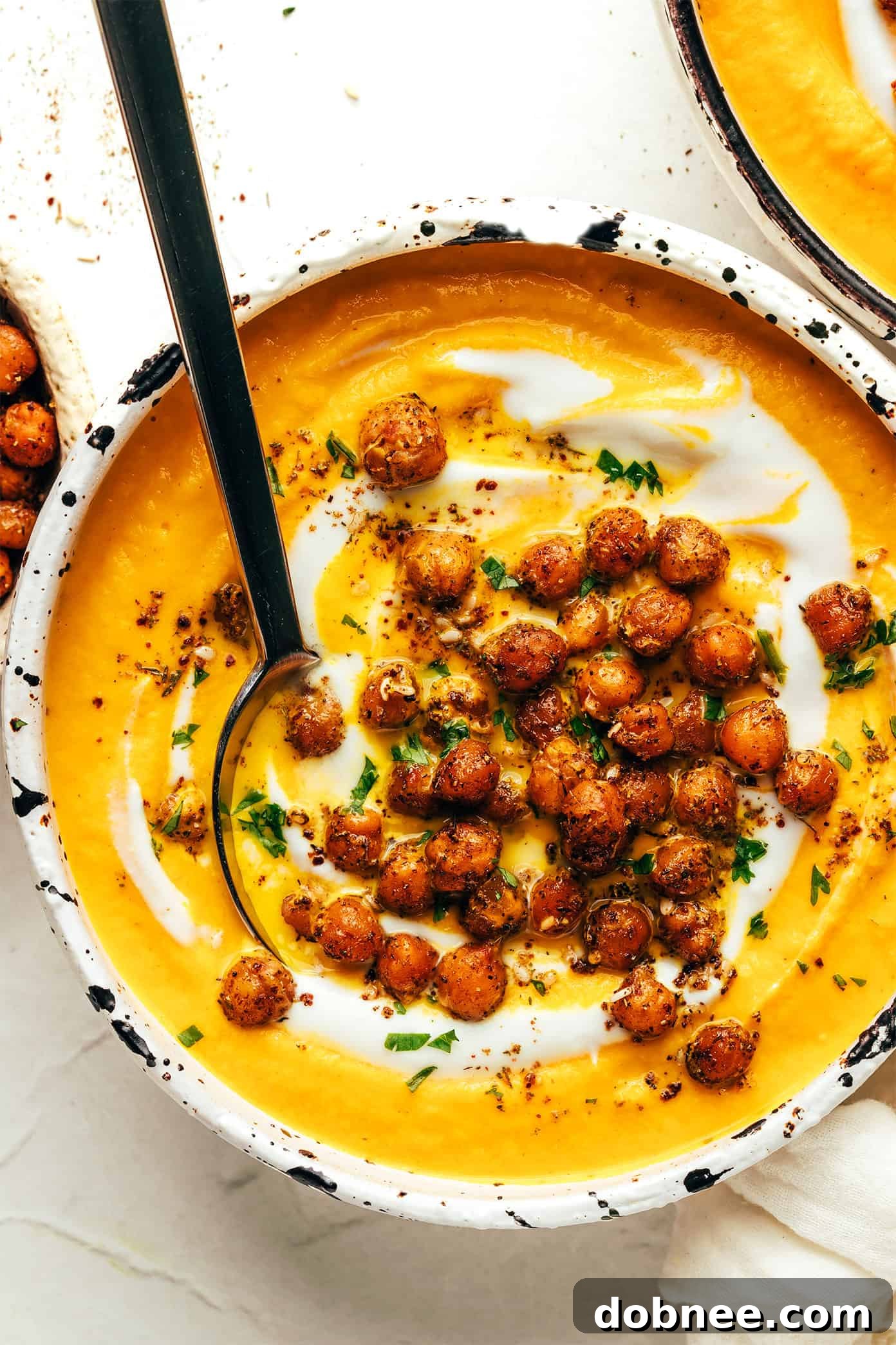 A six-panel collage featuring the roasted carrot soup and its ingredients from different angles.