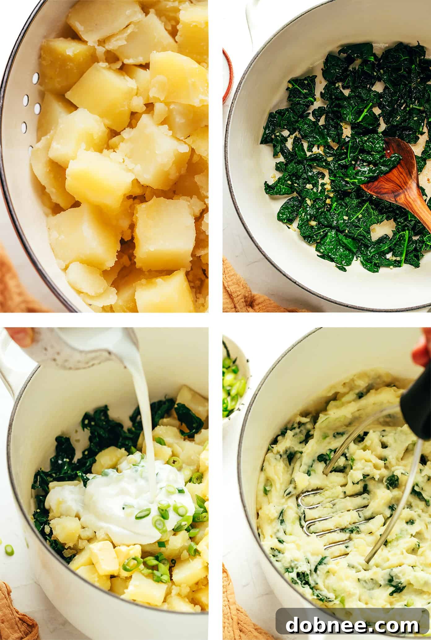 A bowl of mashed potatoes with vibrant green kale and scallions, ready to be served.