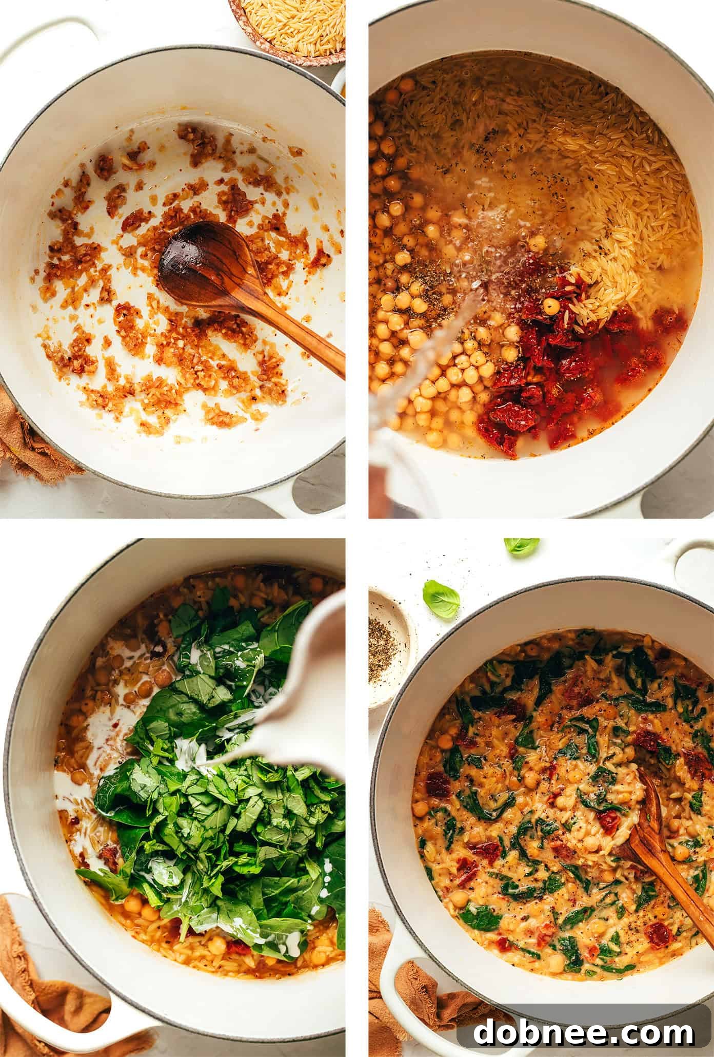 Marry Me Chickpeas and Orzo served in a bowl, garnished with fresh basil