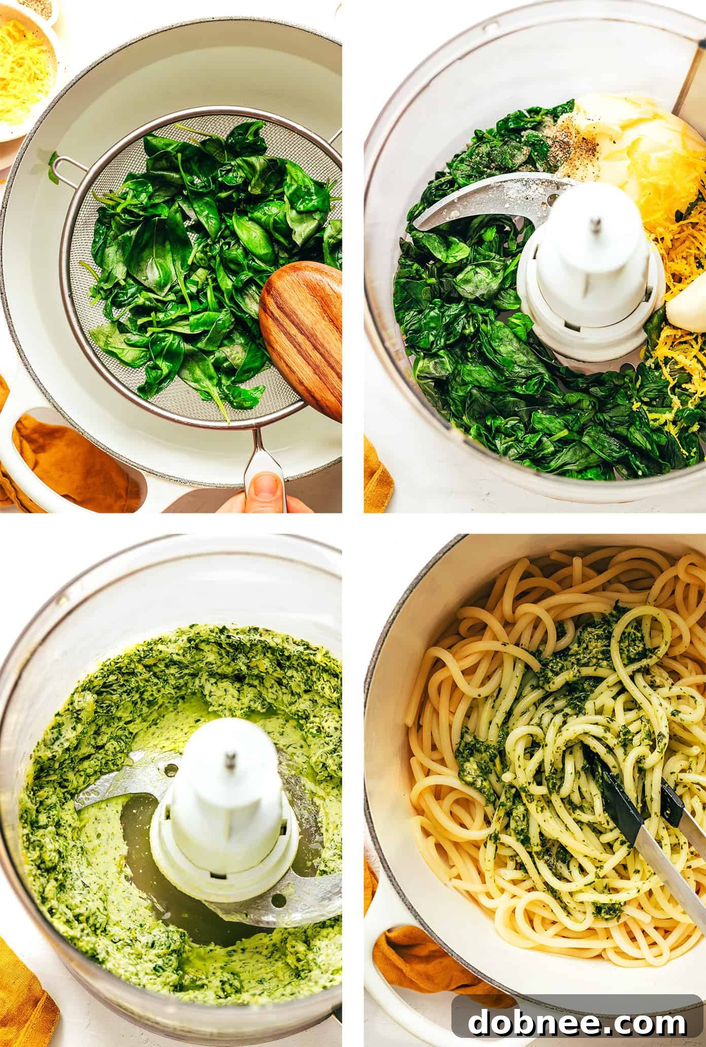 Process of making basil butter pasta, showing a food processor with blanched basil, butter, garlic, and lemon zest, ready to be blended into a vibrant green sauce.