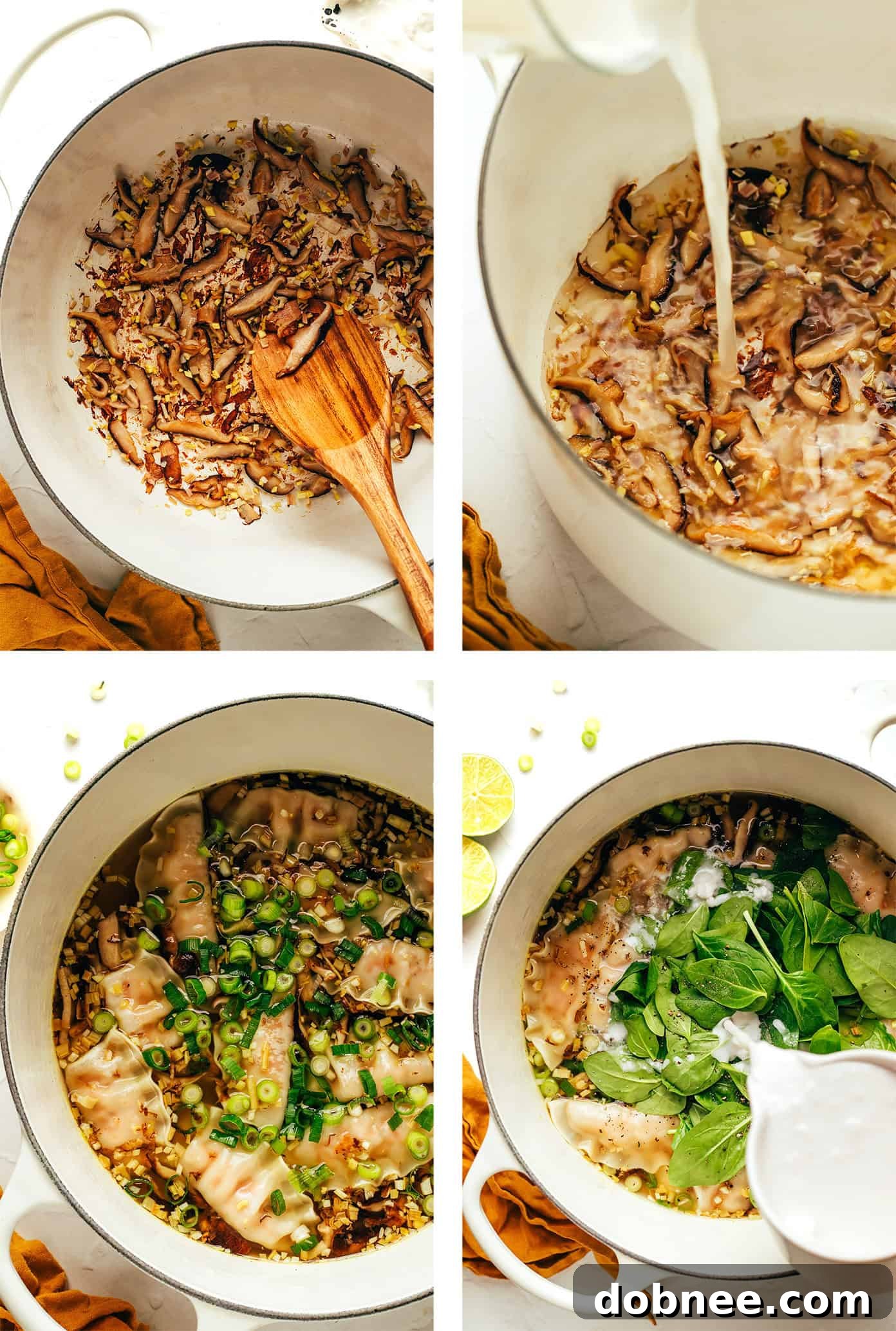 A cook's hands preparing ginger coconut potsticker soup ingredients in a pot