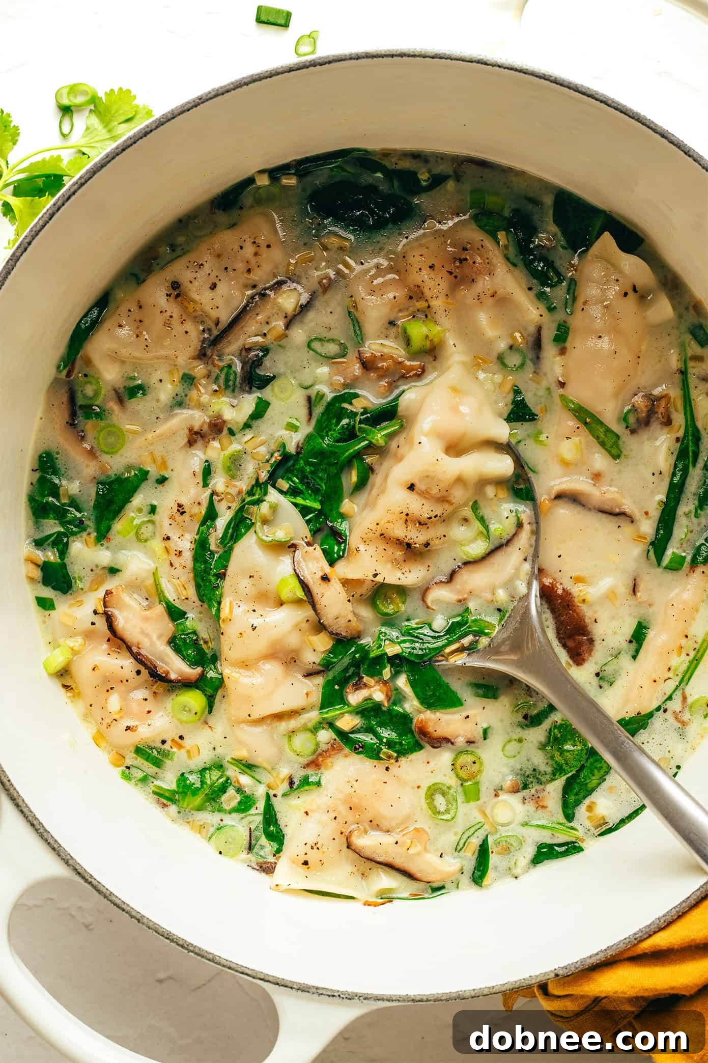 Close-up of ginger coconut potsticker soup simmering in a stockpot