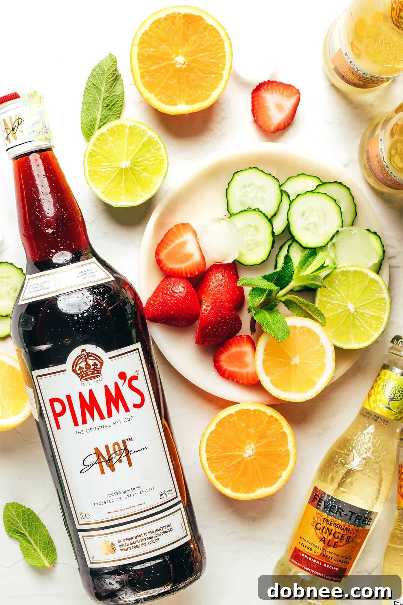 Close-up of a Pimm's Cup cocktail showcasing various fresh fruits and a cucumber ribbon, ready to be enjoyed.