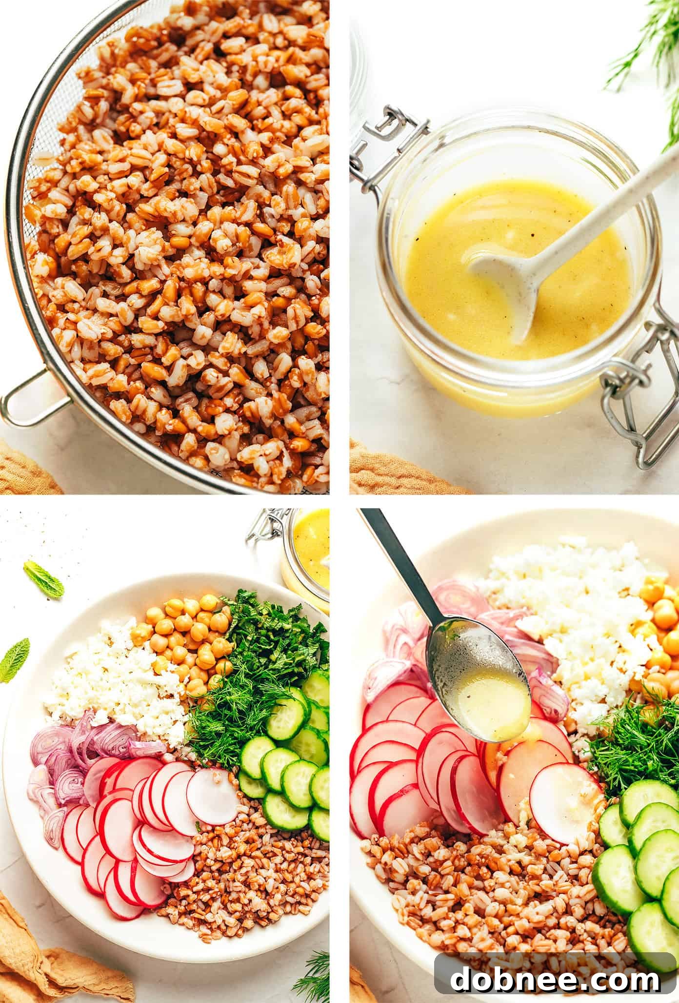 Close-up of the vibrant spring farro salad, highlighting its fresh ingredients and dressing.