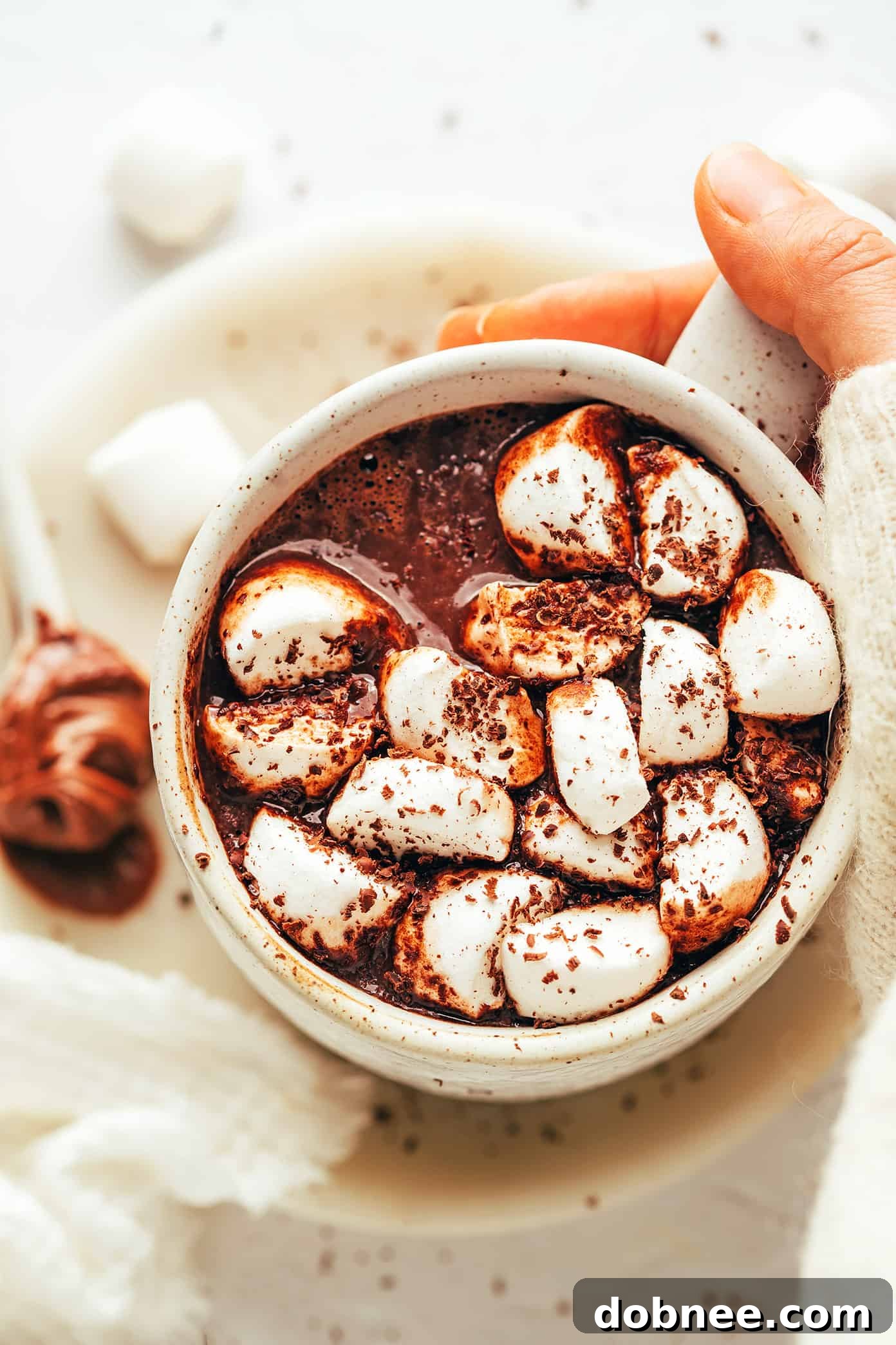 A top-down view of a mug of Nutella Hot Chocolate, garnished with intricate chocolate shavings, ready to be enjoyed.