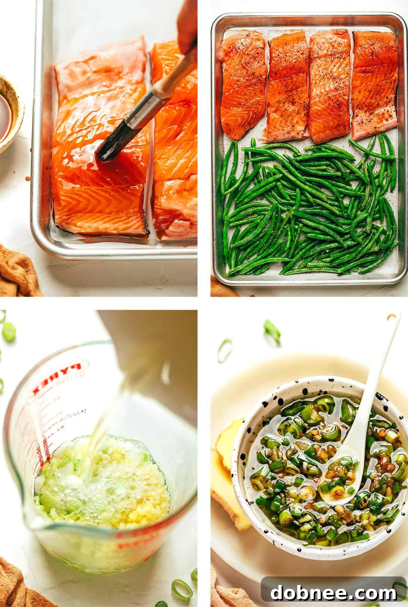 Several honey-roasted salmon fillets on a serving platter with green beans and lime wedges, ready to be served.