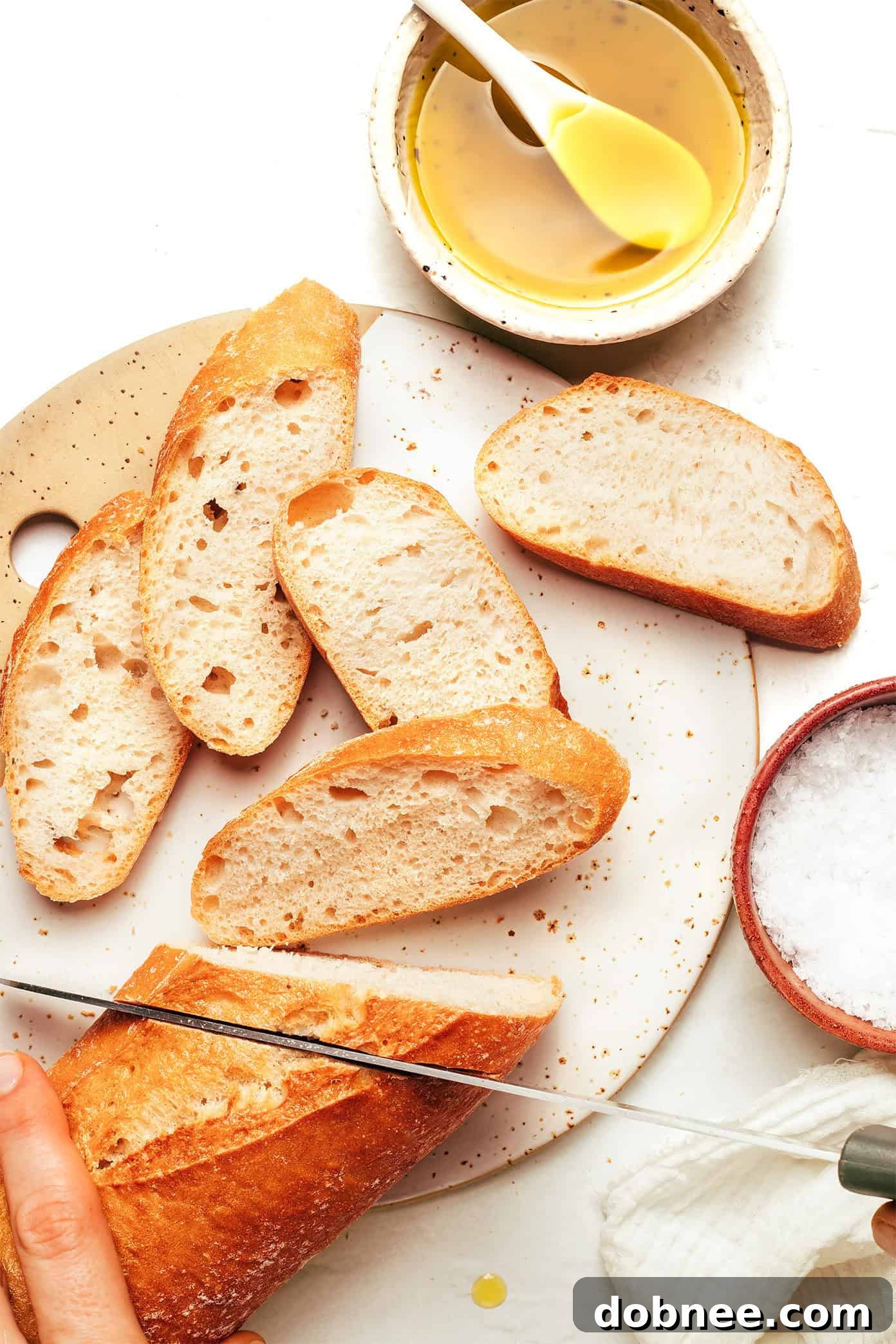 Freshly sliced baguette on a cutting board, ready to be transformed into crostini.