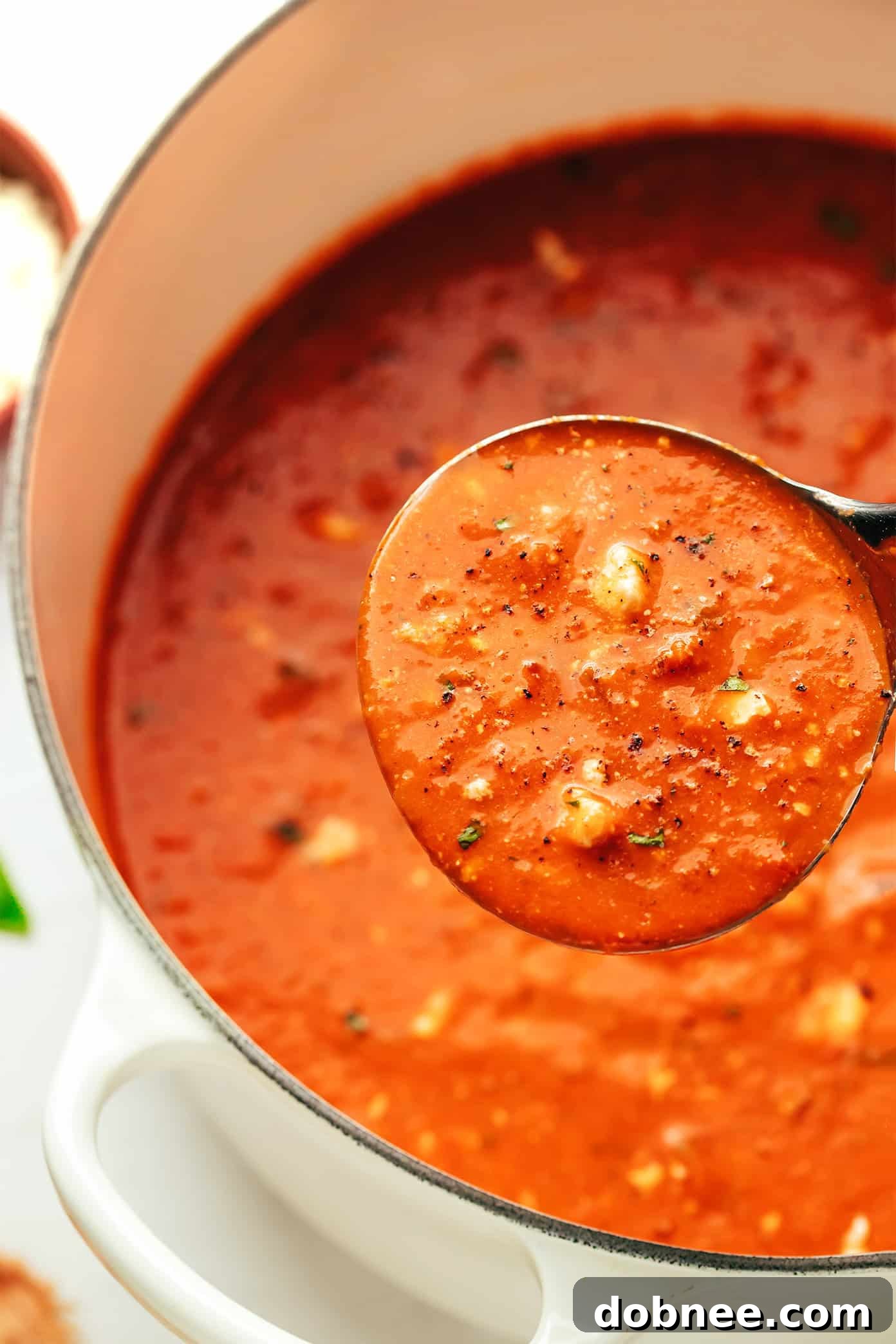A wide shot of a pot of tomato feta soup simmering on a stovetop, with a ladle resting inside.