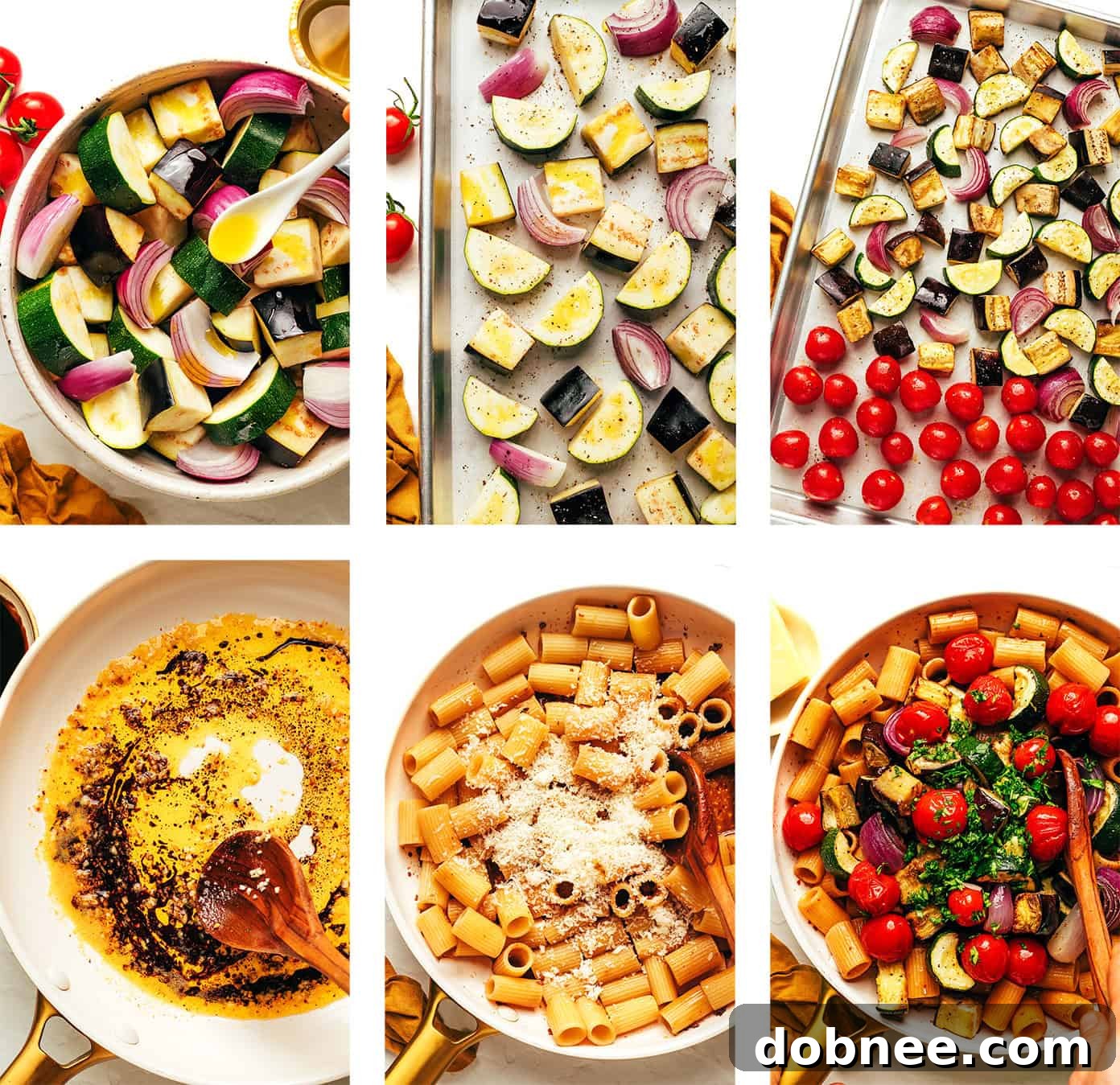 A bowl of roasted vegetable pasta with fresh basil