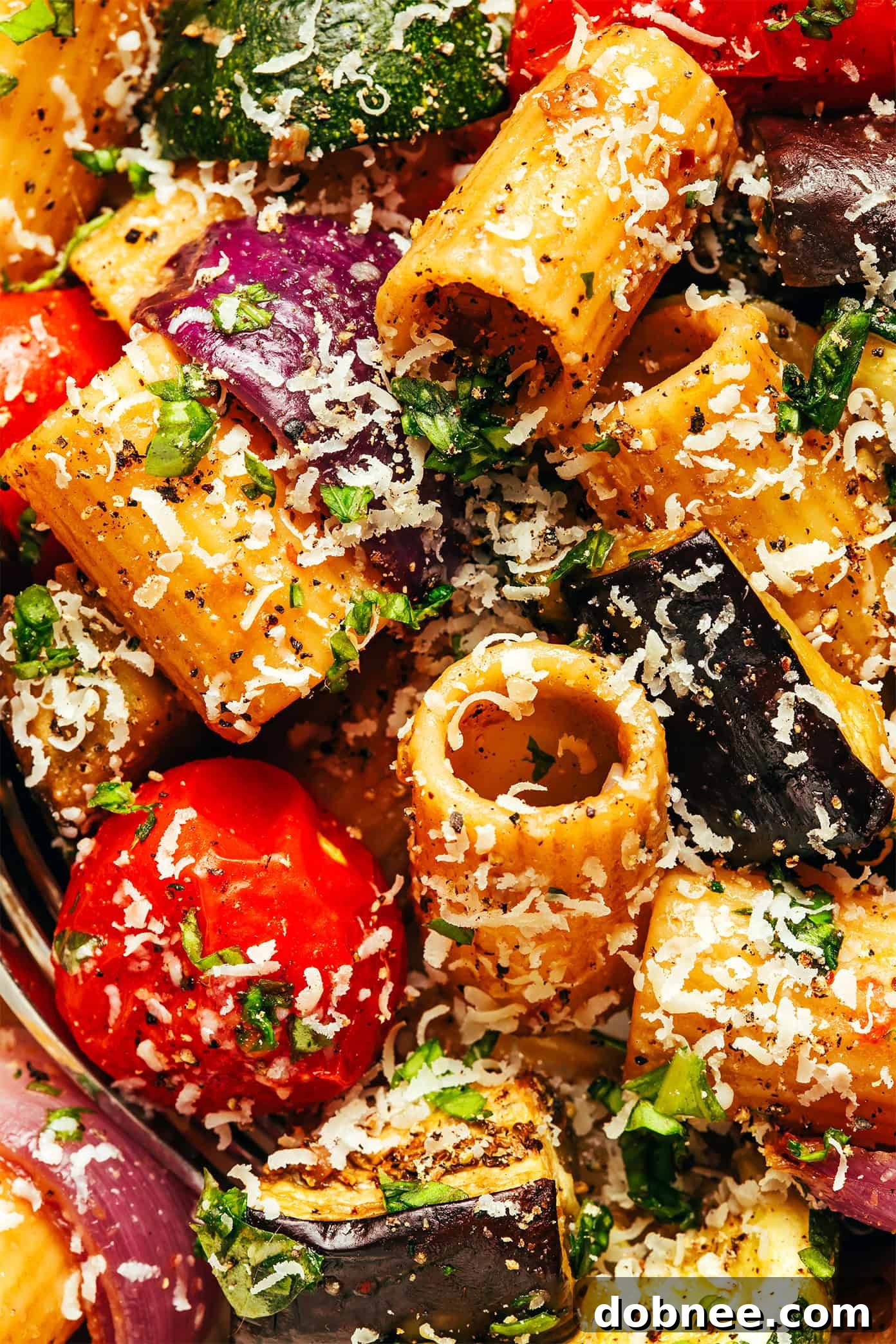Another view of the roasted vegetable pasta in a serving bowl