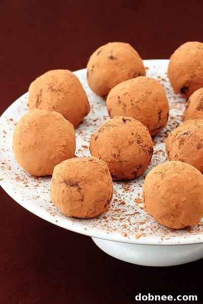 Close-up of a stack of homemade Bailey's Chocolate Truffles dusted with cocoa powder