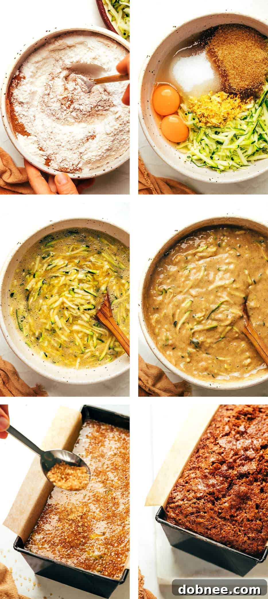 Zucchini bread batter being poured into a loaf pan before baking.