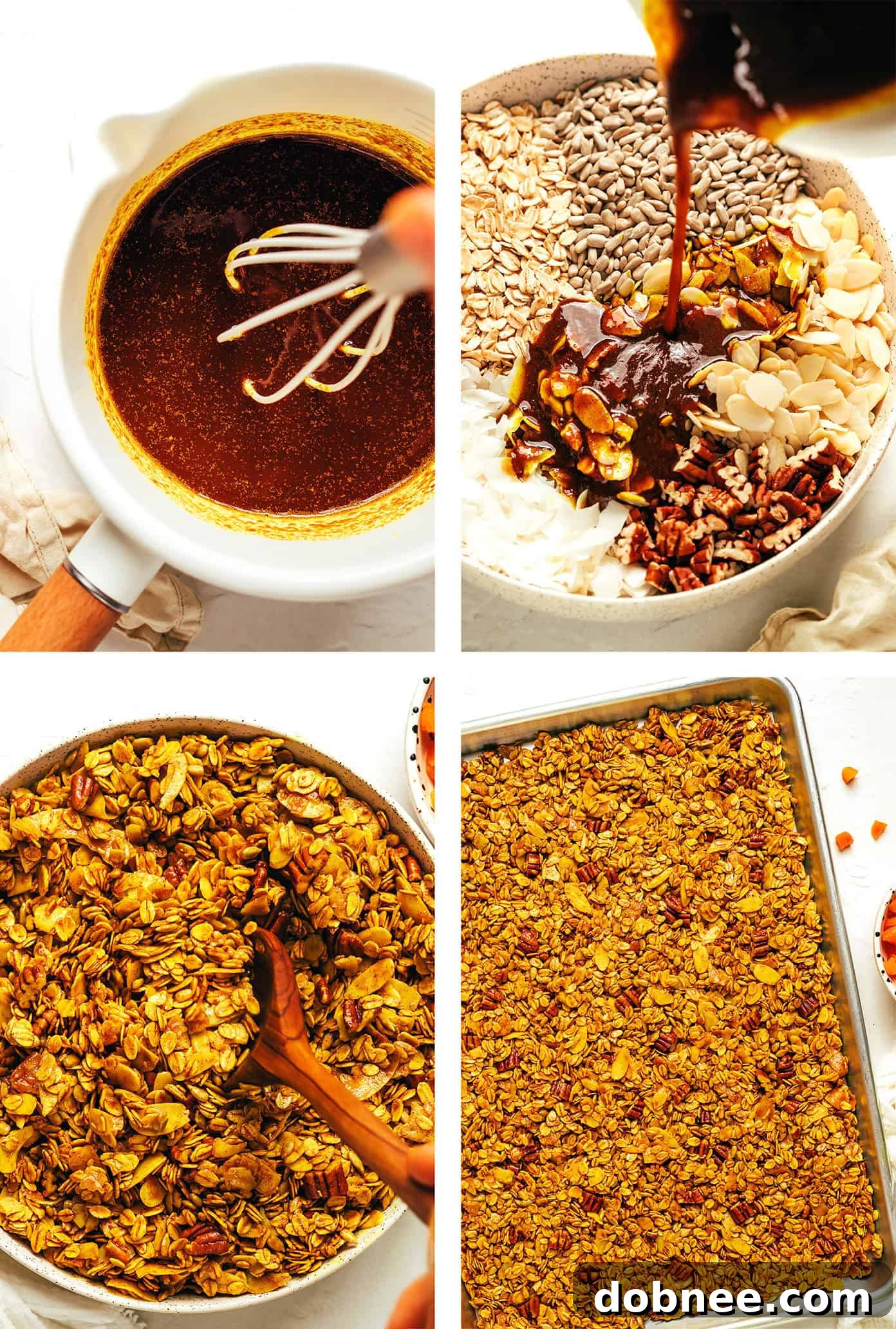 Golden granola mixture spread evenly on a parchment-lined baking sheet, ready for the oven.