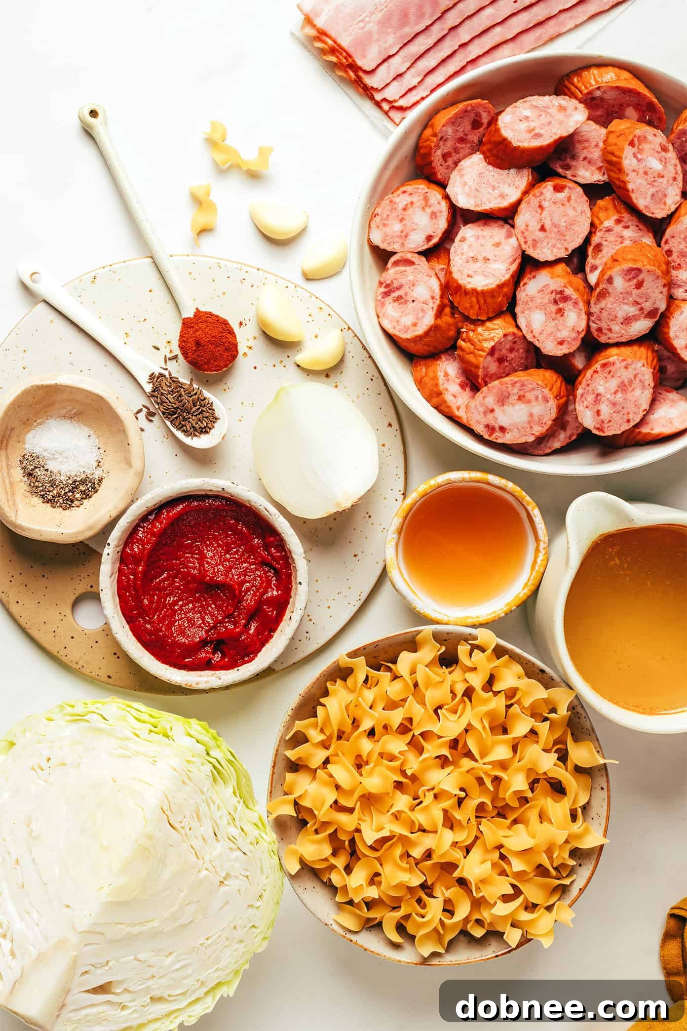 A top-down view of the prepared ingredients for Kielbasa and Cabbage Noodles, including sliced sausage, chopped cabbage, bacon, garlic, and tomato paste.