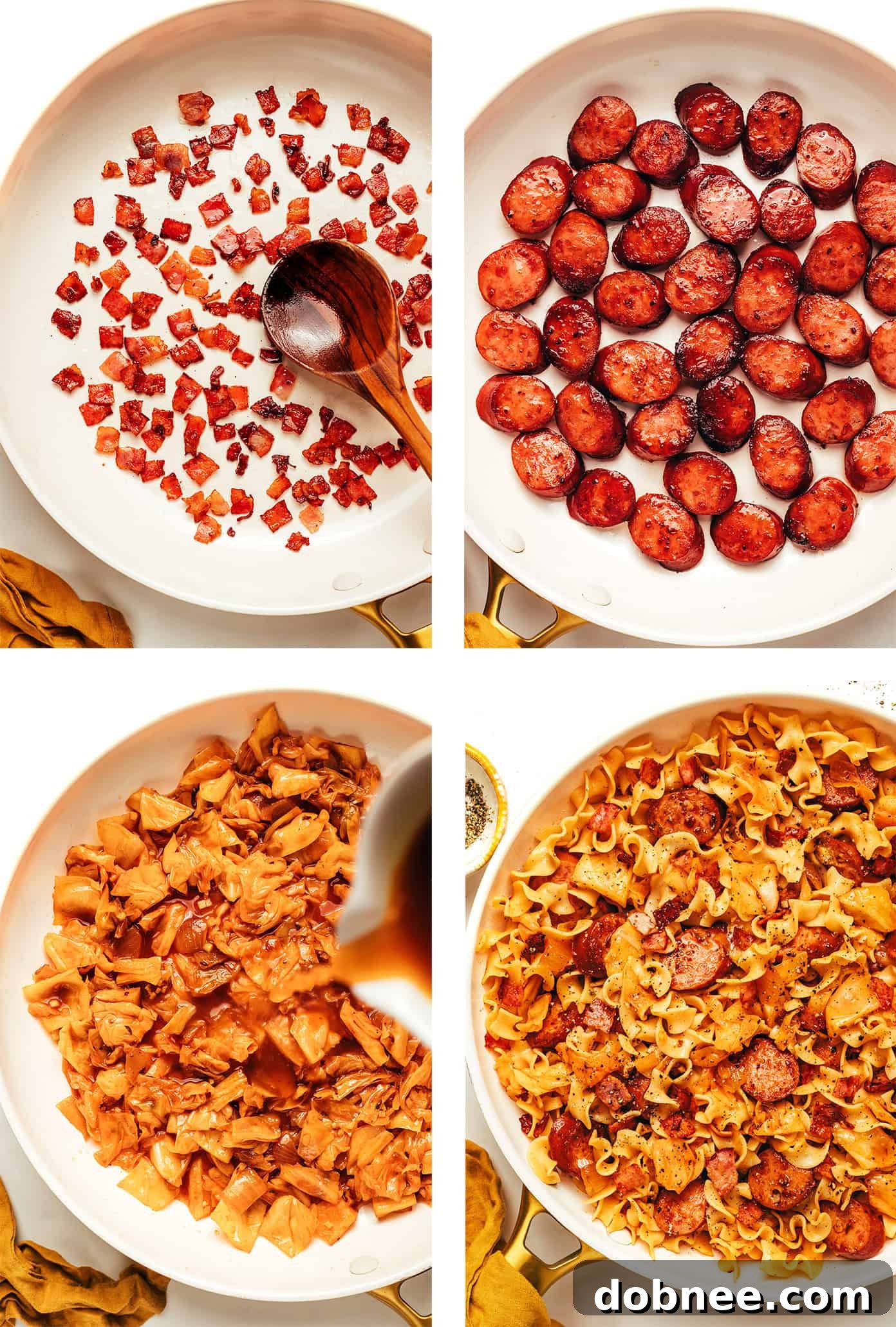 A close-up shot of the Kielbasa and Cabbage cooking in a large pan, showing the rich color of the sausage and the tender, slightly browned cabbage leaves.