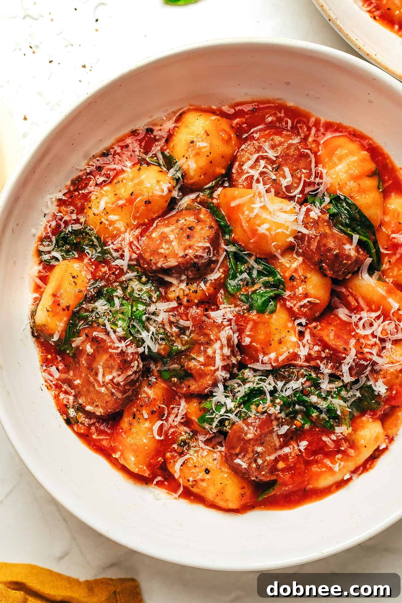 Delicious Sausage and Gnocchi Marinara dish ready to serve.